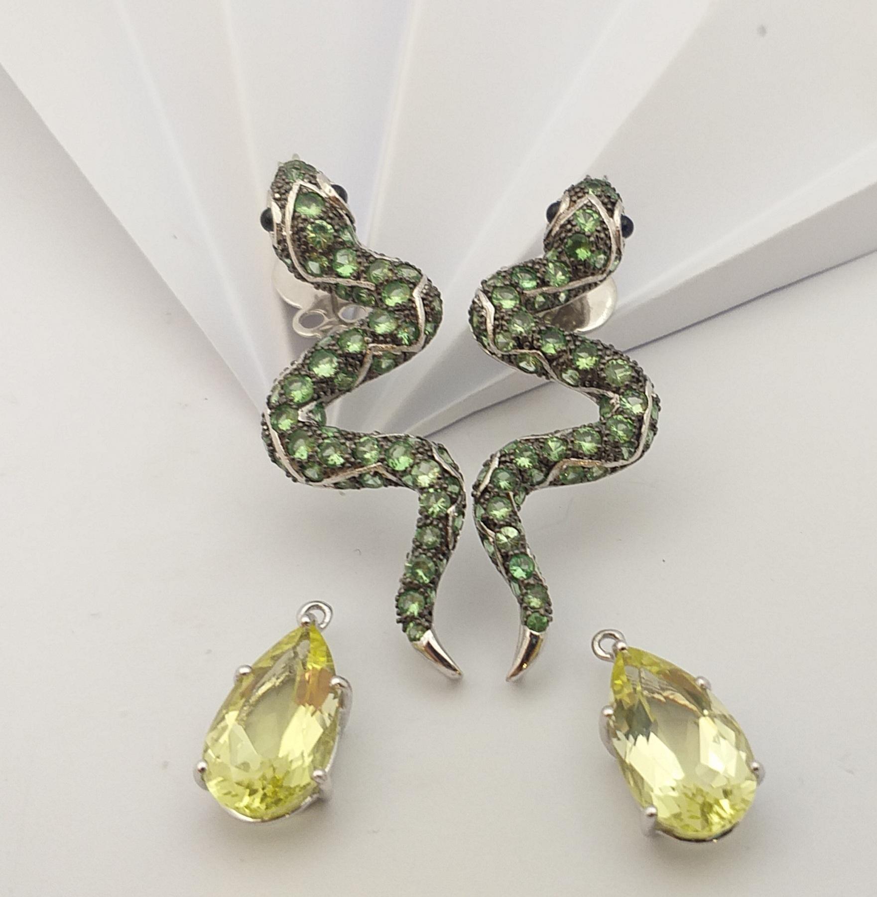 Women's or Men's Tsavorite, Cabochon Blue Sapphire and Lemon Quartz Earrings in Silver Settings For Sale