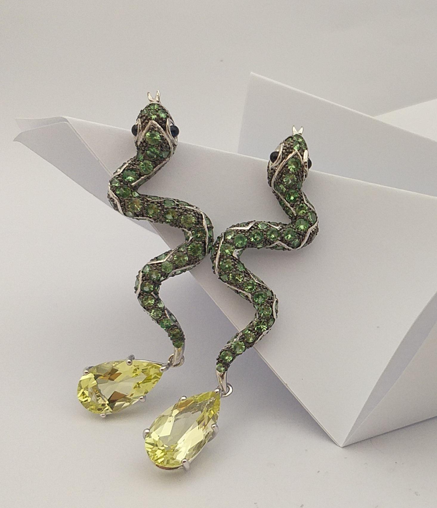 Tsavorite, Cabochon Blue Sapphire and Lemon Quartz Earrings in Silver Settings For Sale 1