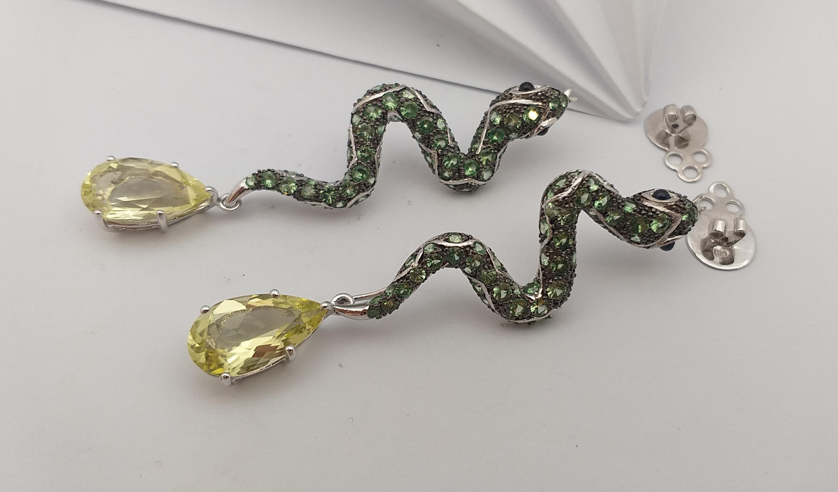 Tsavorite, Cabochon Blue Sapphire and Lemon Quartz Earrings in Silver Settings For Sale 2