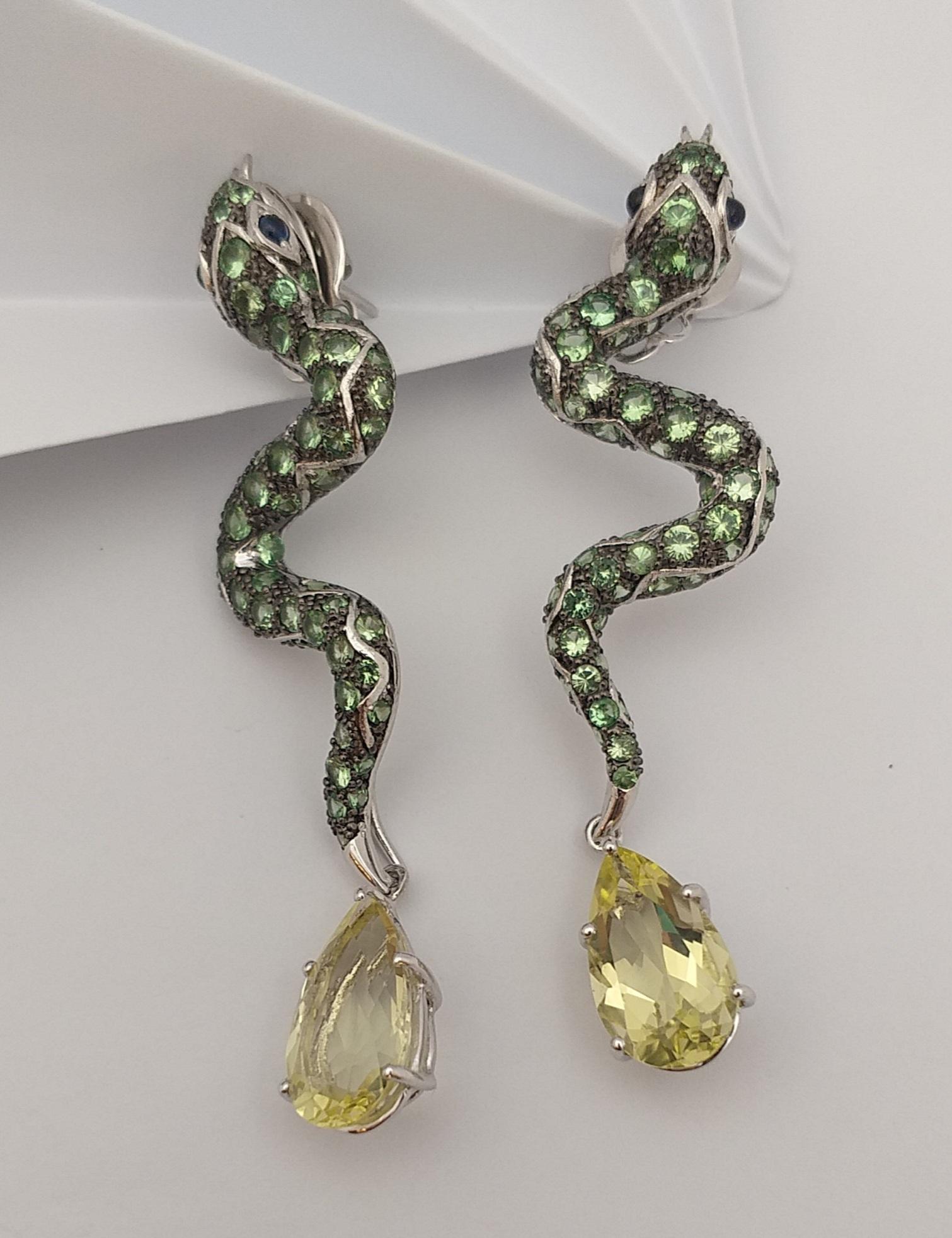 Tsavorite, Cabochon Blue Sapphire and Lemon Quartz Earrings in Silver Settings For Sale 3