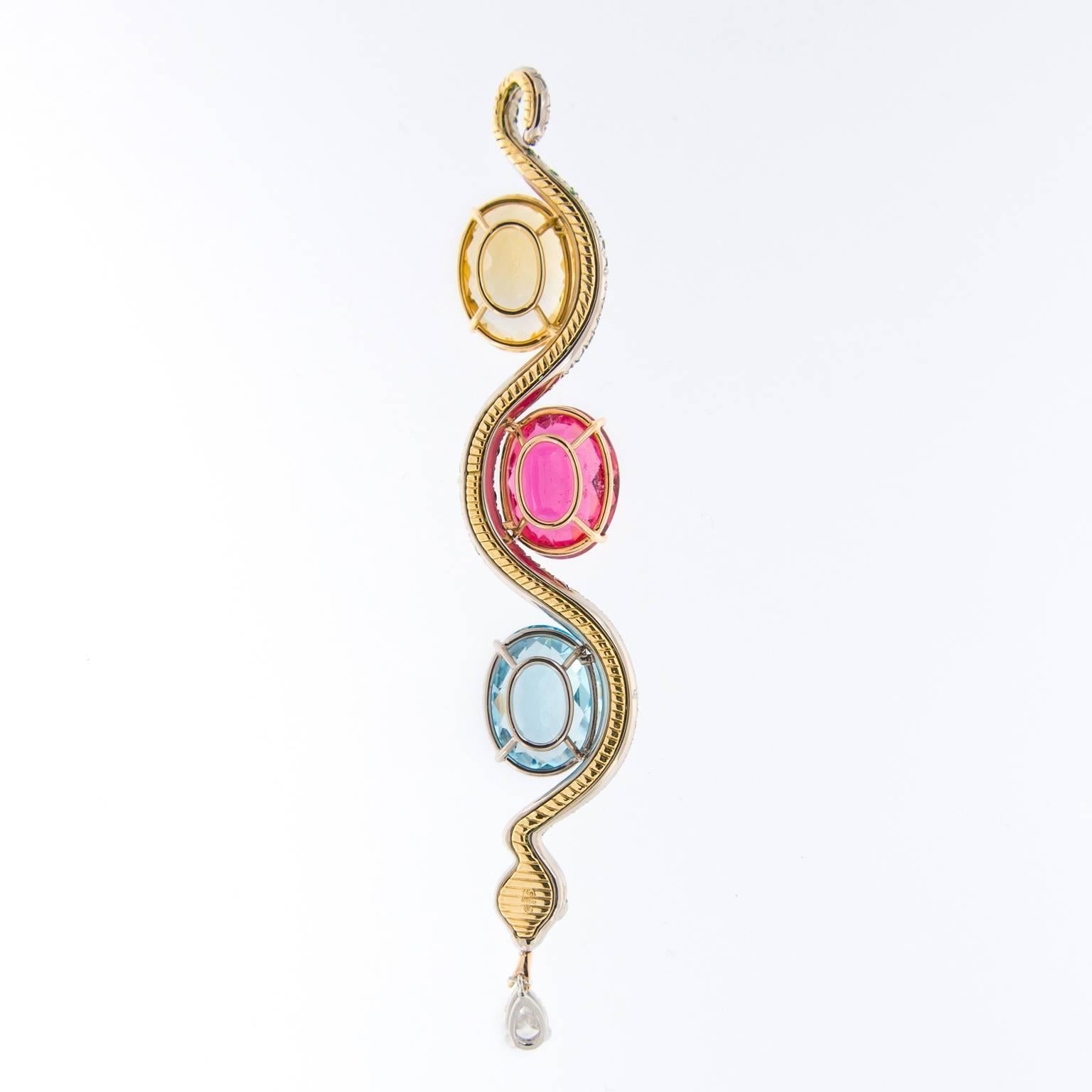 Art Deco Tsavorite Citrine Rubelite Topaz Diamond Serpent Pendent Necklace