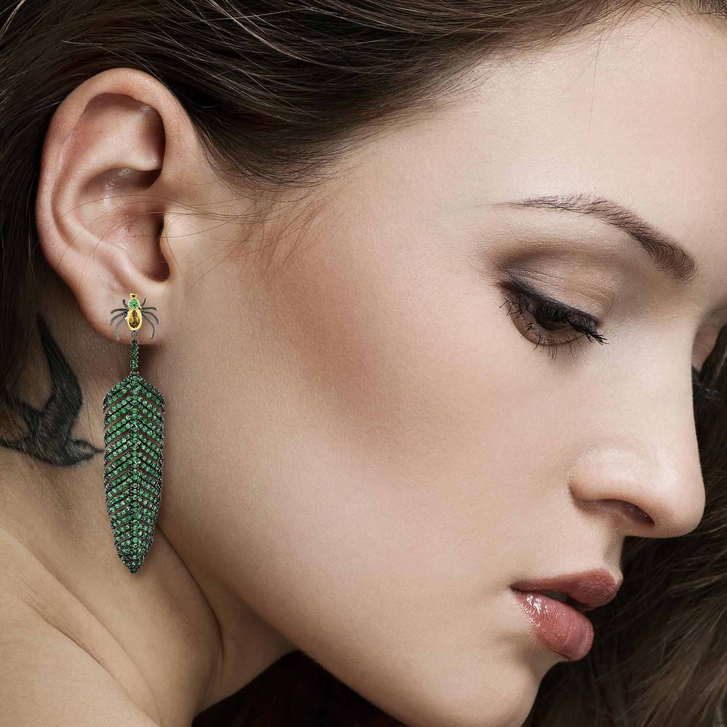 These stunning earrings are handmade in 14-karat gold and sterling silver.  
It is set with 7.99 carats tsavorite and.50 carats citrine in blackened finish. Instock

FOLLOW  MEGHNA JEWELS storefront to view the latest collection & exclusive pieces. 