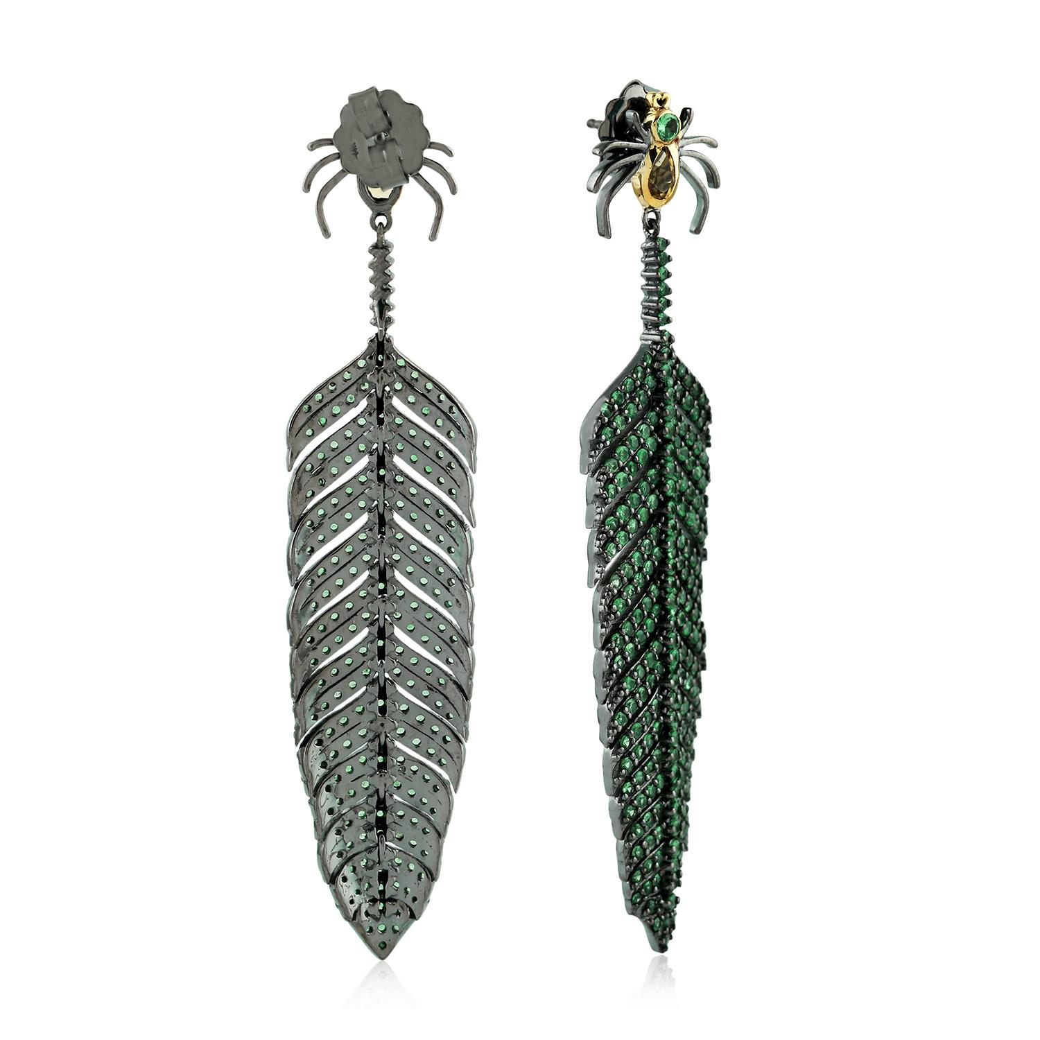 Contemporary Tsavorite Citrine Spider Feather Earrings For Sale