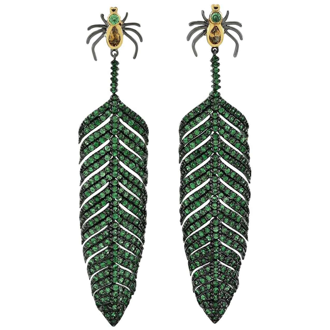 Tsavorite Citrine Spider Feather Earrings For Sale