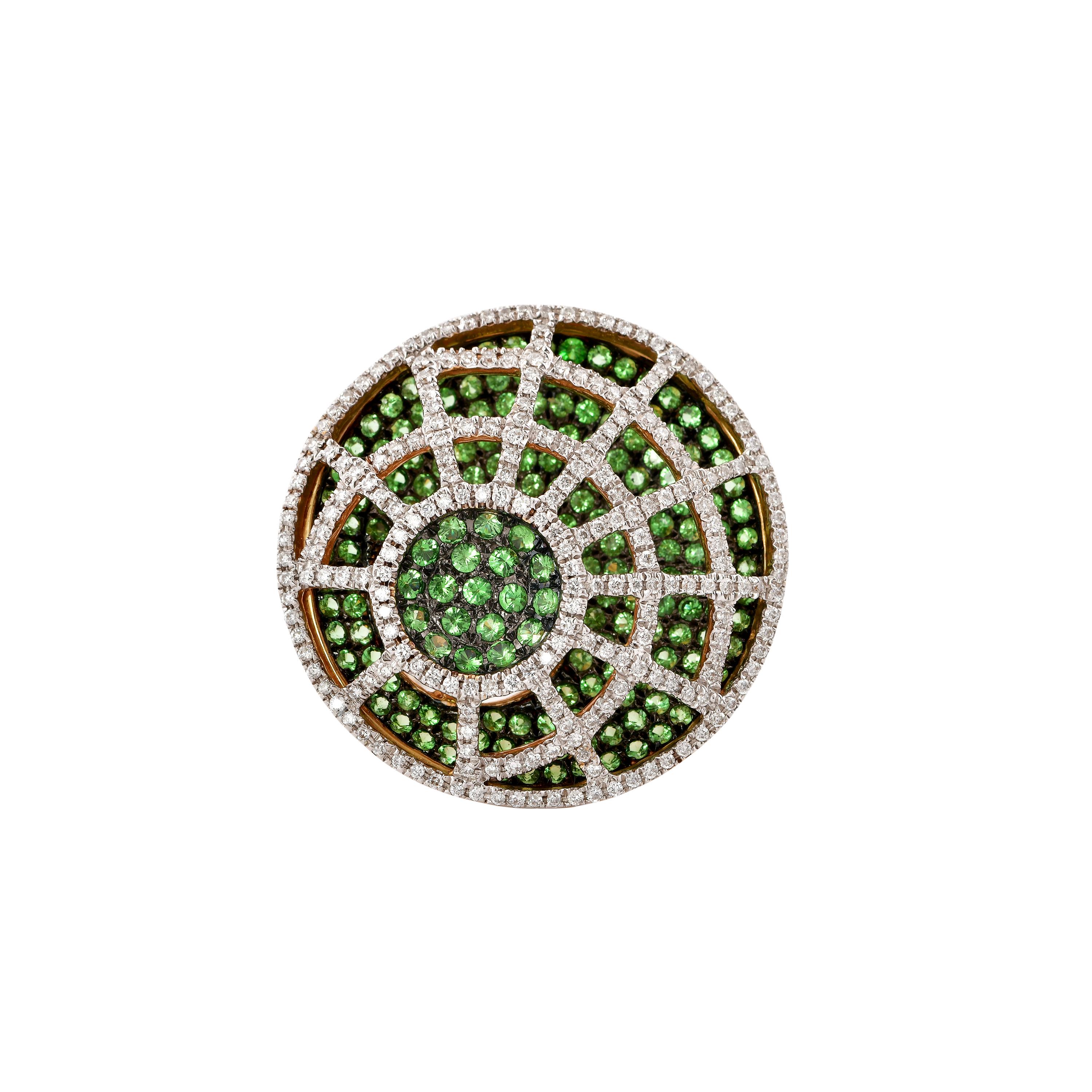 Contemporary Tsavorite Cocktail Ring with Diamond in 14 Karat Yellow Gold For Sale