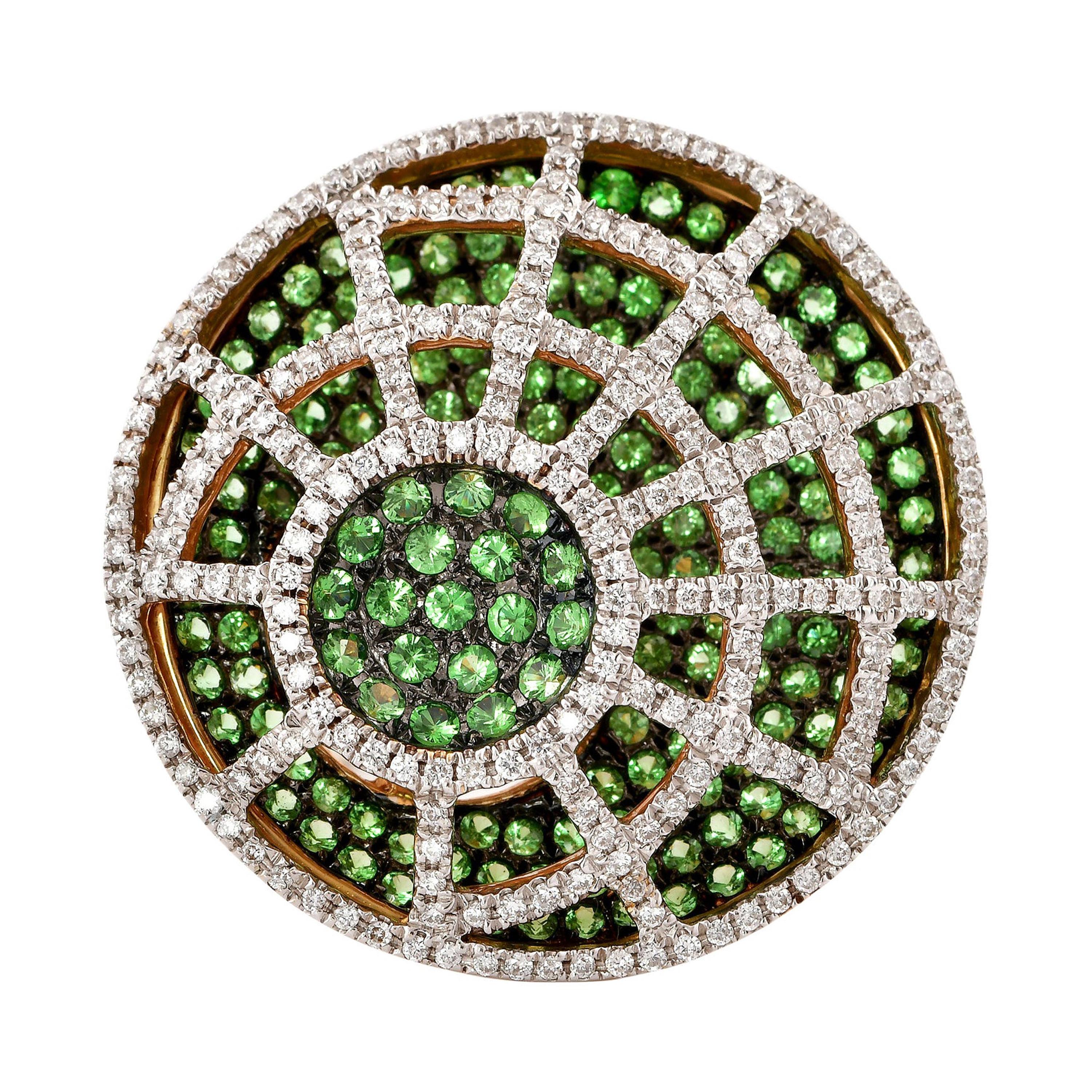 Tsavorite Cocktail Ring with Diamond in 14 Karat Yellow Gold For Sale