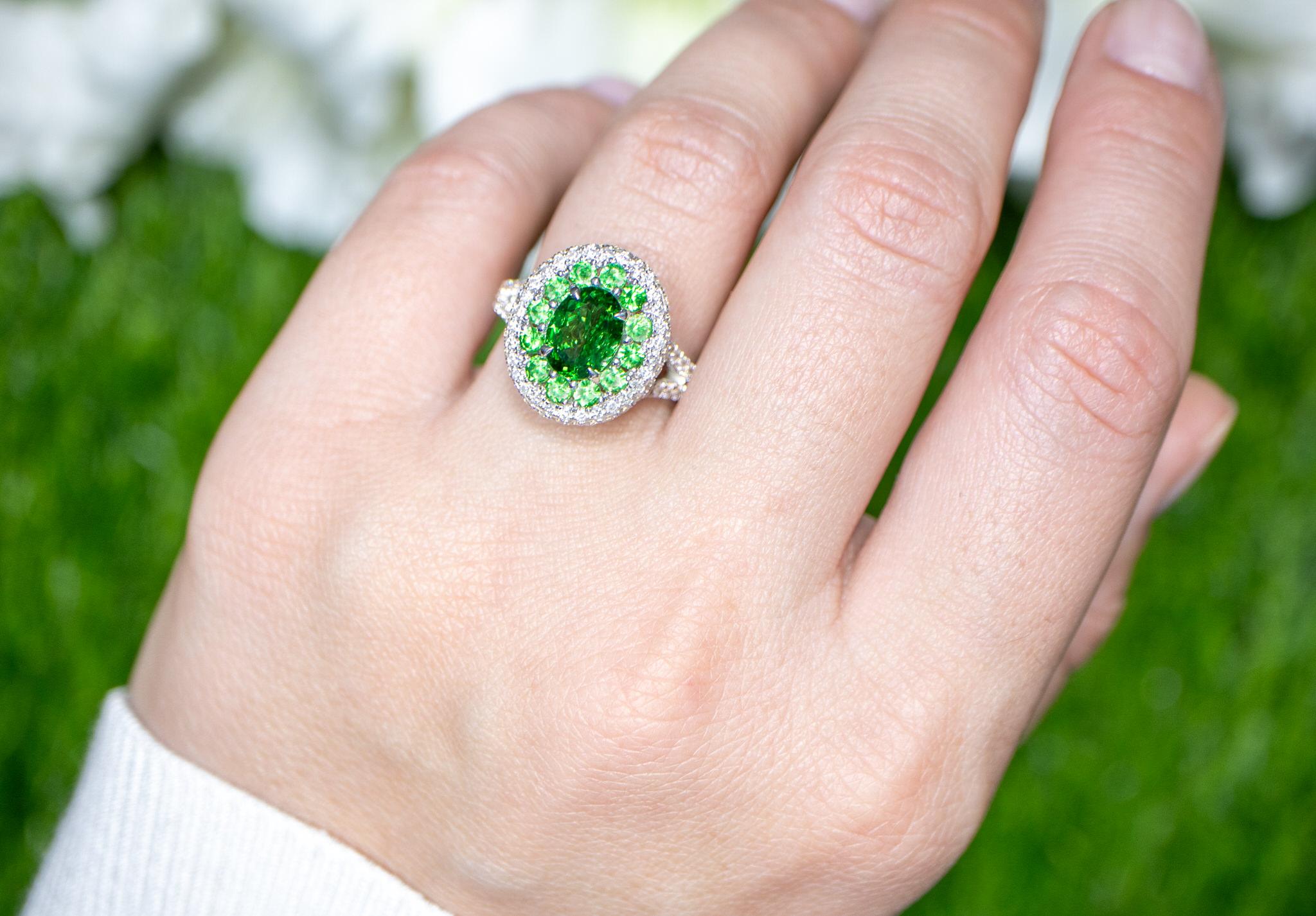 It comes with the Gemological Appraisal by GIA GG/AJP
All Gemstones are Natural
Tsavorites = 2.15 Carats
Diamonds = 0.92 Carats
Metal: 18K White Gold
Ring Size: 6.5* US
*It can be resized complimentary