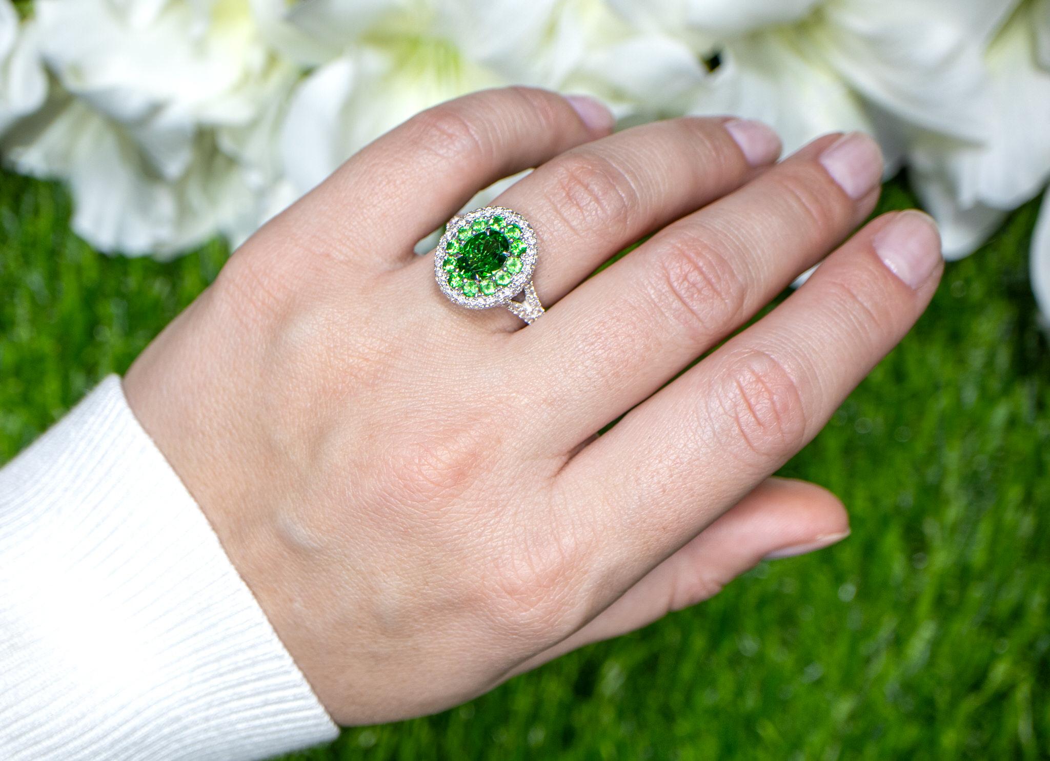 Contemporary Tsavorite Cocktail Ring With Diamonds 3.07 Carats 18K White Gold For Sale