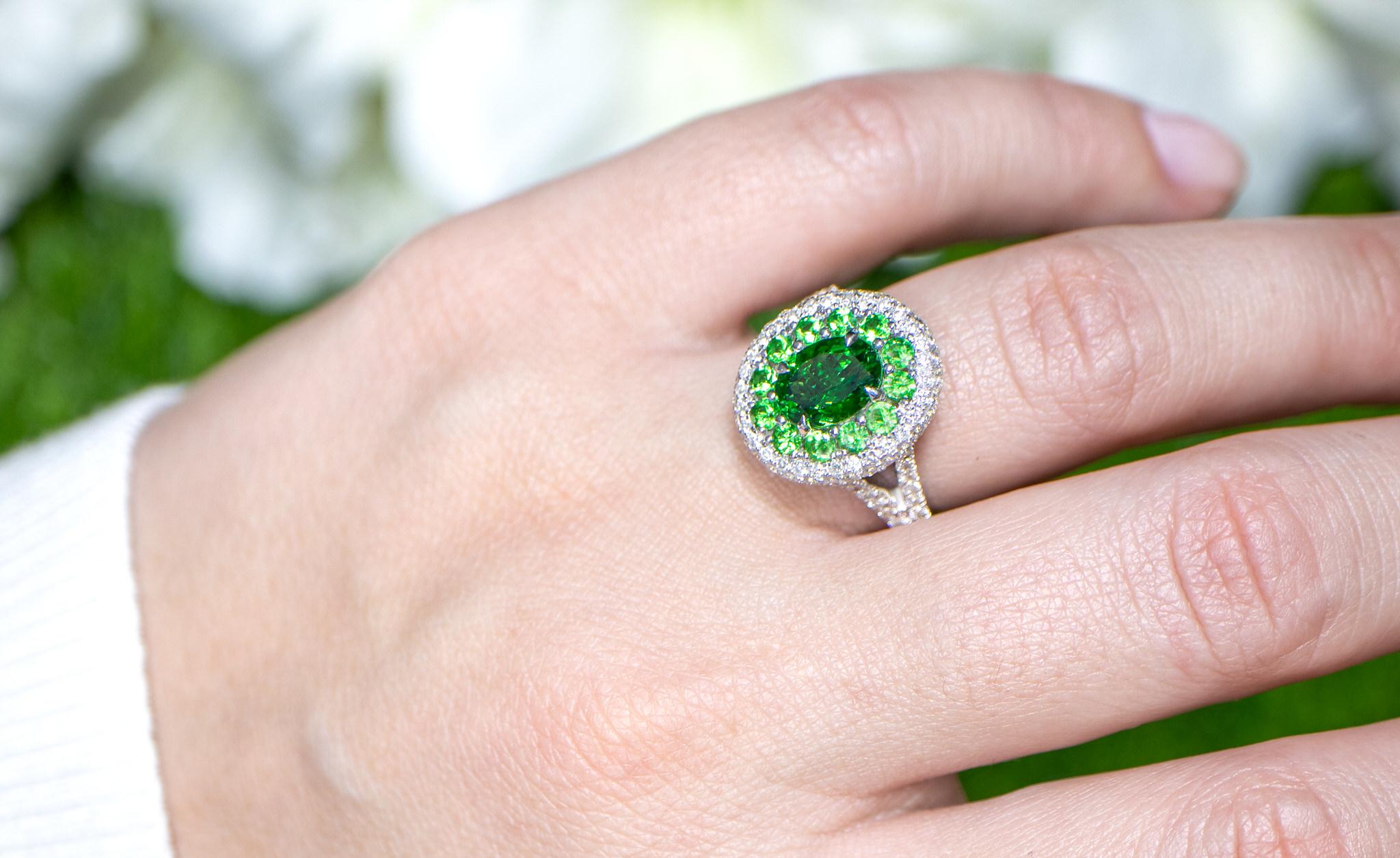 Mixed Cut Tsavorite Cocktail Ring With Diamonds 3.07 Carats 18K White Gold For Sale