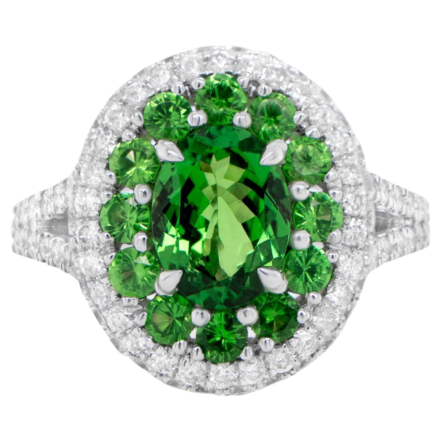 Tsavorite Cocktail Ring With Diamonds 3.07 Carats 18K White Gold For Sale