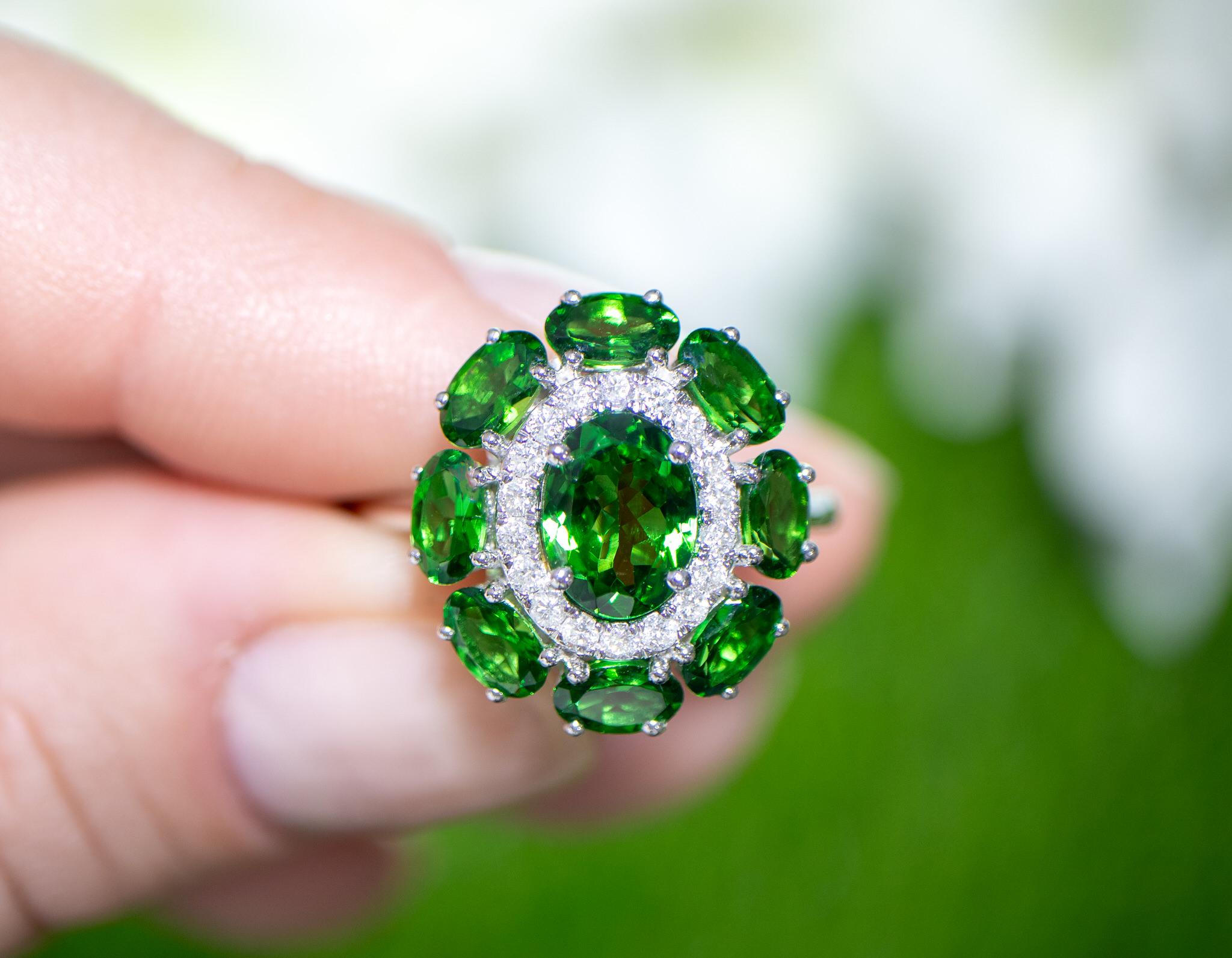 Women's Tsavorite Cocktail Ring With Diamonds 3.56 Carats 18K White Gold For Sale
