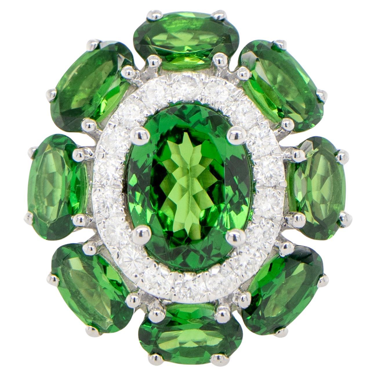 Tsavorite Cocktail Ring With Diamonds 3.56 Carats 18K White Gold