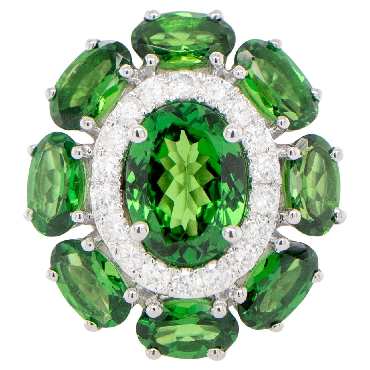 Tsavorite Cocktail Ring With Diamonds 3.56 Carats 18K White Gold For Sale