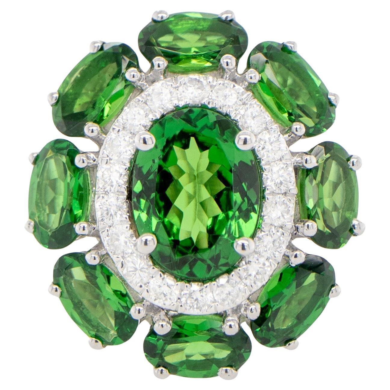 Tsavorite Cocktail Ring With Diamonds 3.56 Carats 18K White Gold For Sale
