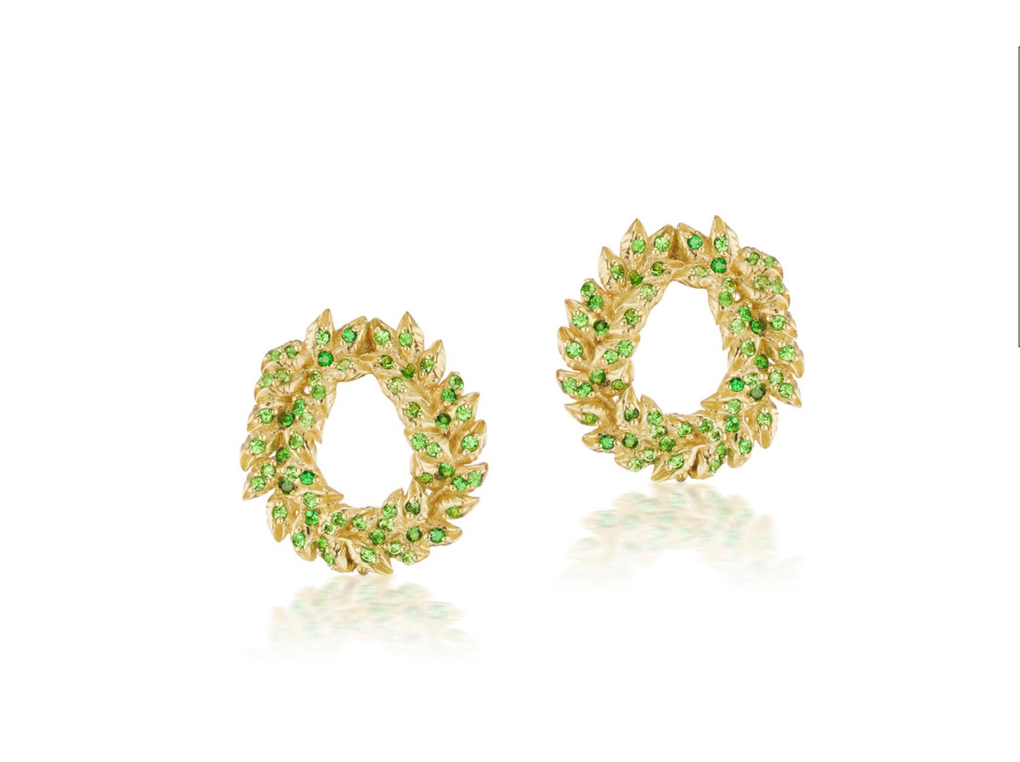 A beautiful pair of .75 ctw Tsavorite Corona earrings in 18K Yellow Gold made to be worn in different ways. They can be worn by themselves or with the tourmaline drops.  The 34.90 carats of faceted multi-colored Tourmalines create a spectacular