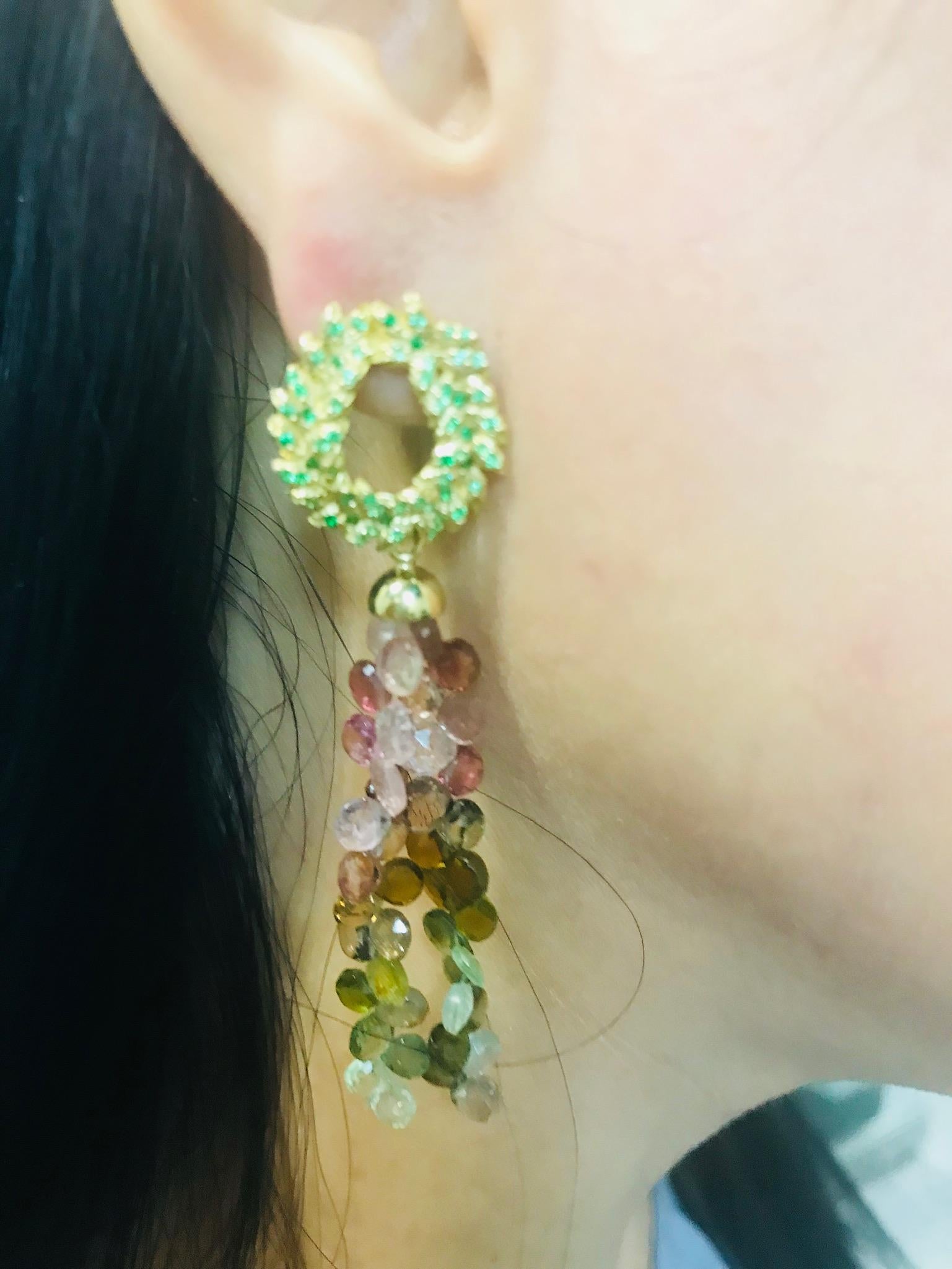 Modern Tsavorite Gold  Earrings with Detachable Multicolored Tourmalines For Sale