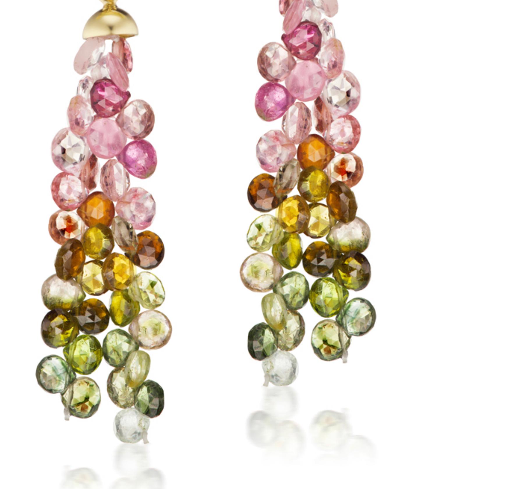Briolette Cut Tsavorite Gold  Earrings with Detachable Multicolored Tourmalines For Sale