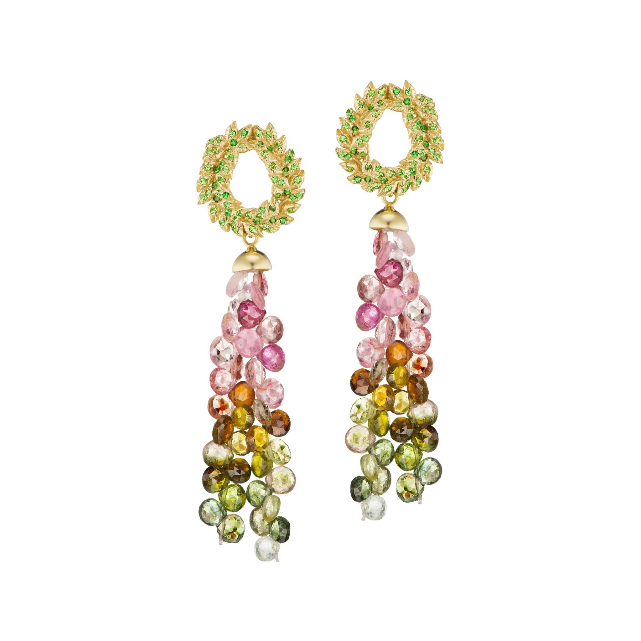 Tsavorite Gold  Earrings with Detachable Multicolored Tourmalines For Sale