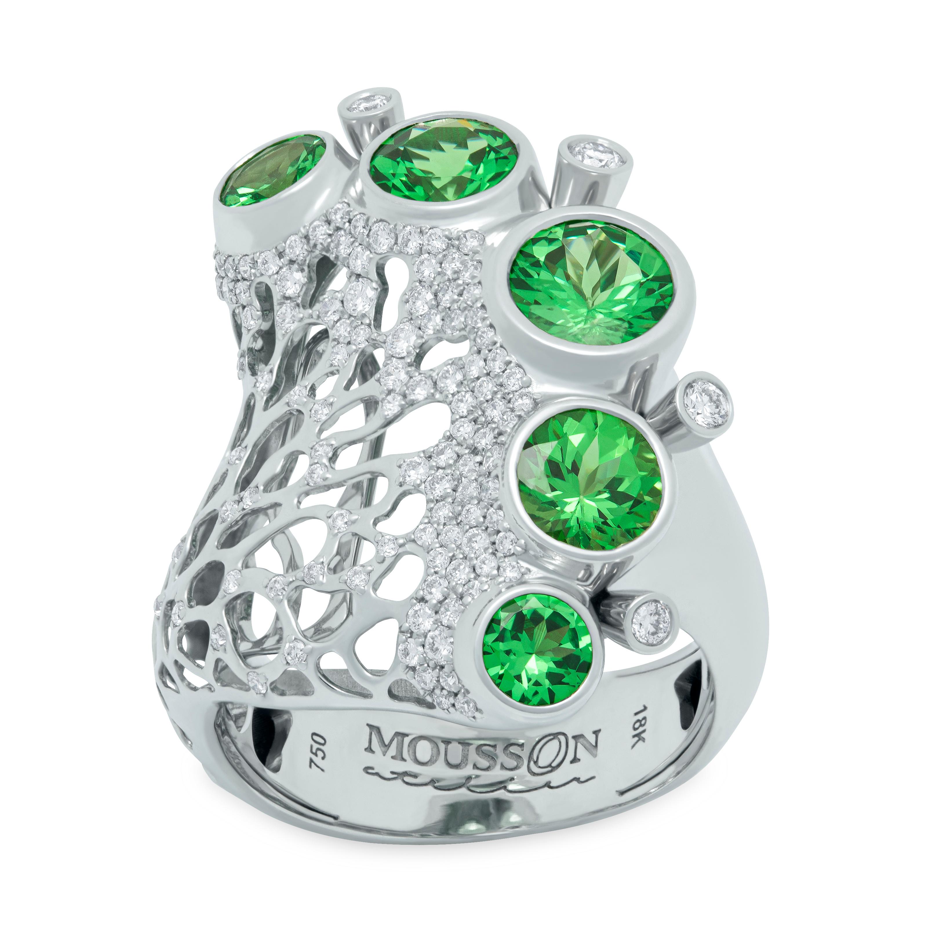 Tsavorite and Diamonds 18 Karat White Gold Ring
Pure Green color in combination with Diamonds looks stunning. From our Coral Reef Collection - 
Accompanied with the Earrings LU116414714551

US Size 7 3/4 // EU Size 55 7/8
16x28x27.9 mm
Weight -