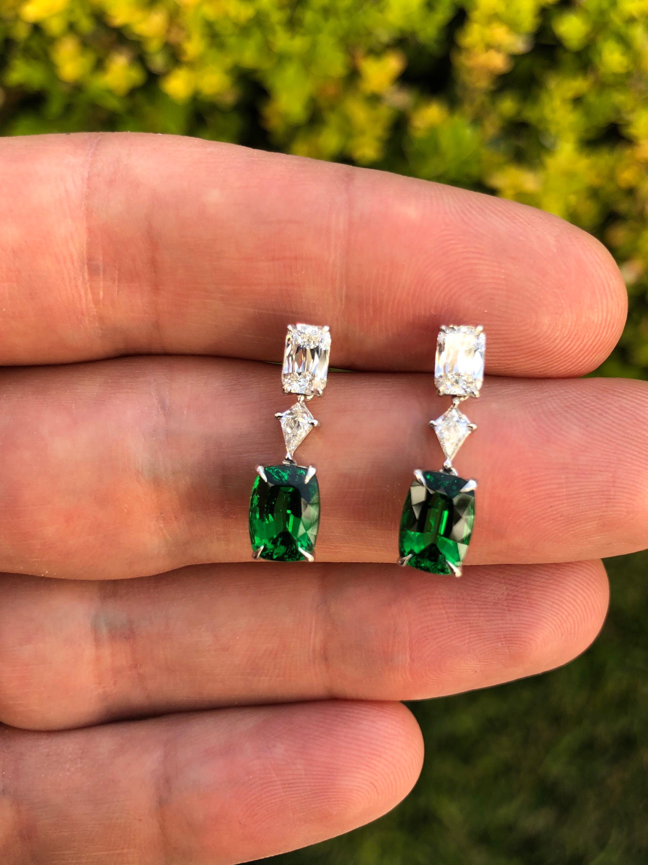 Contemporary Tsavorite Earrings 3.26 Carat Cushion Cuts For Sale