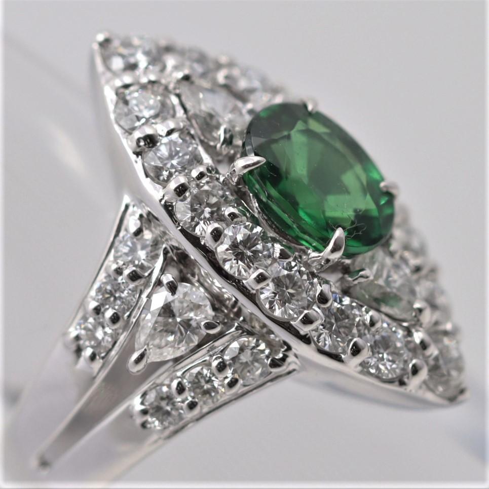 Mixed Cut Tsavorite Diamond Platinum Navette-Style Ring For Sale