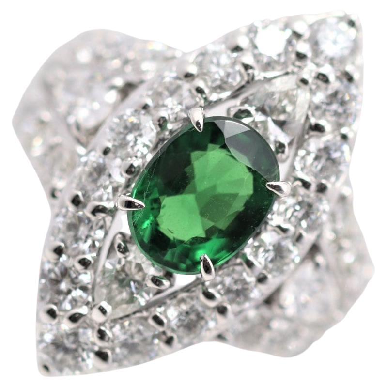 Tsavorite Diamond Platinum Navette-Style Ring For Sale