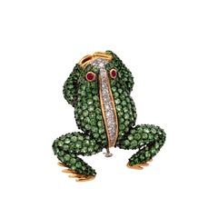 Tsavorite Diamond Ruby 18k Gold Two-Tone Frog Brooch Pendant