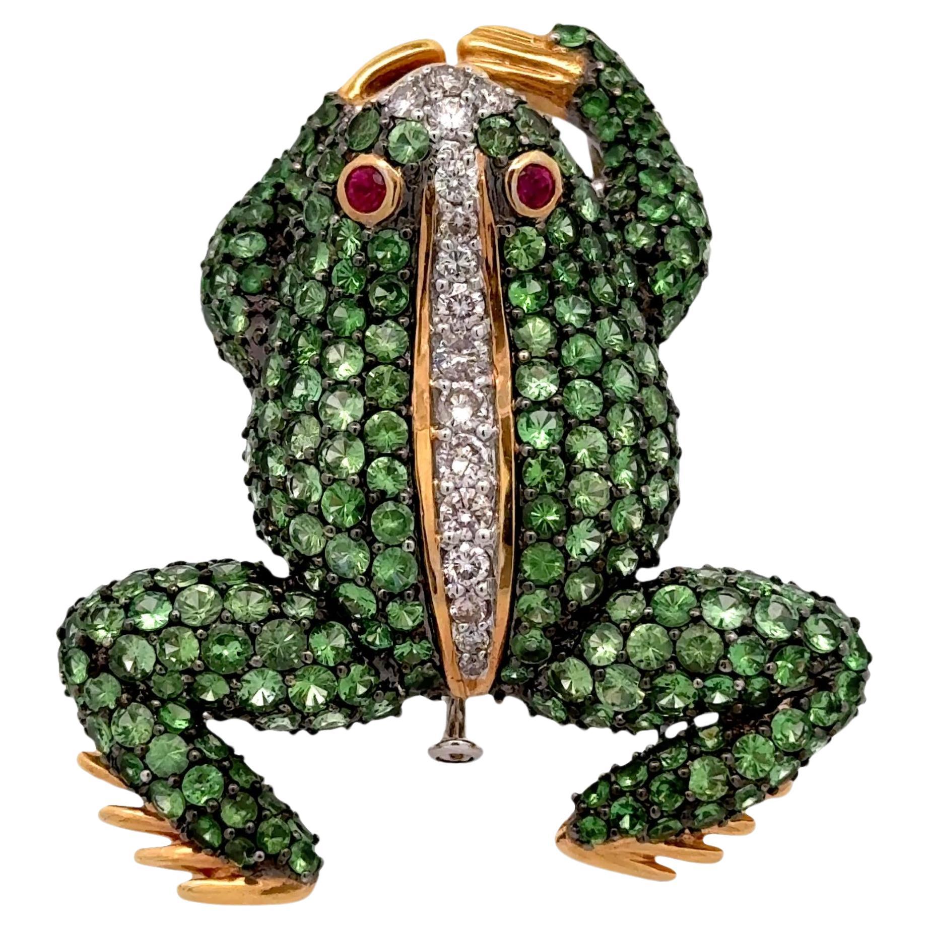 Tsavorit Diamant Rubin 18k Gold zweifarbig Frosch Brosche Anhänger
