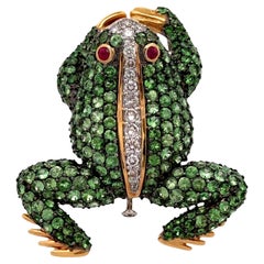 Tsavorite Diamond Ruby 18k Gold Two-Tone Frog Brooch Pendant