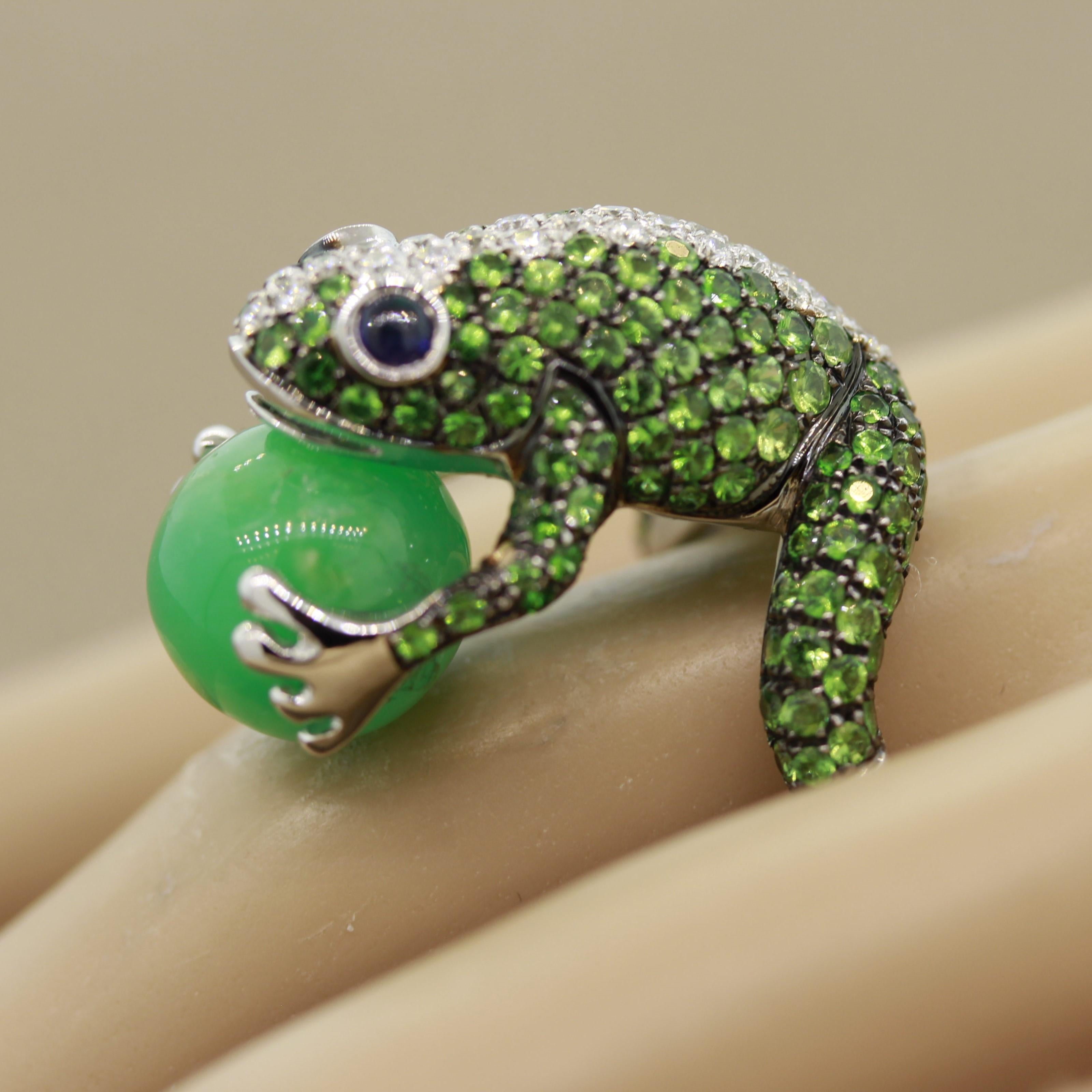 Tsavorite Diamond Sapphire Jade Gold Frog Ring For Sale 2