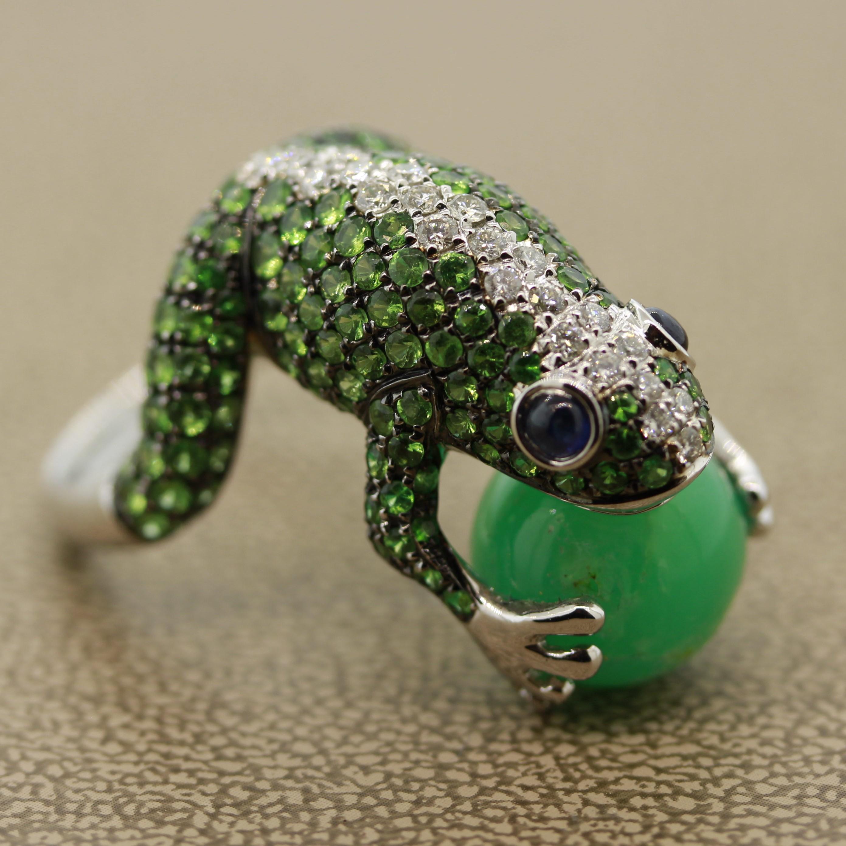 Round Cut Tsavorite Diamond Sapphire Jade Gold Frog Ring For Sale