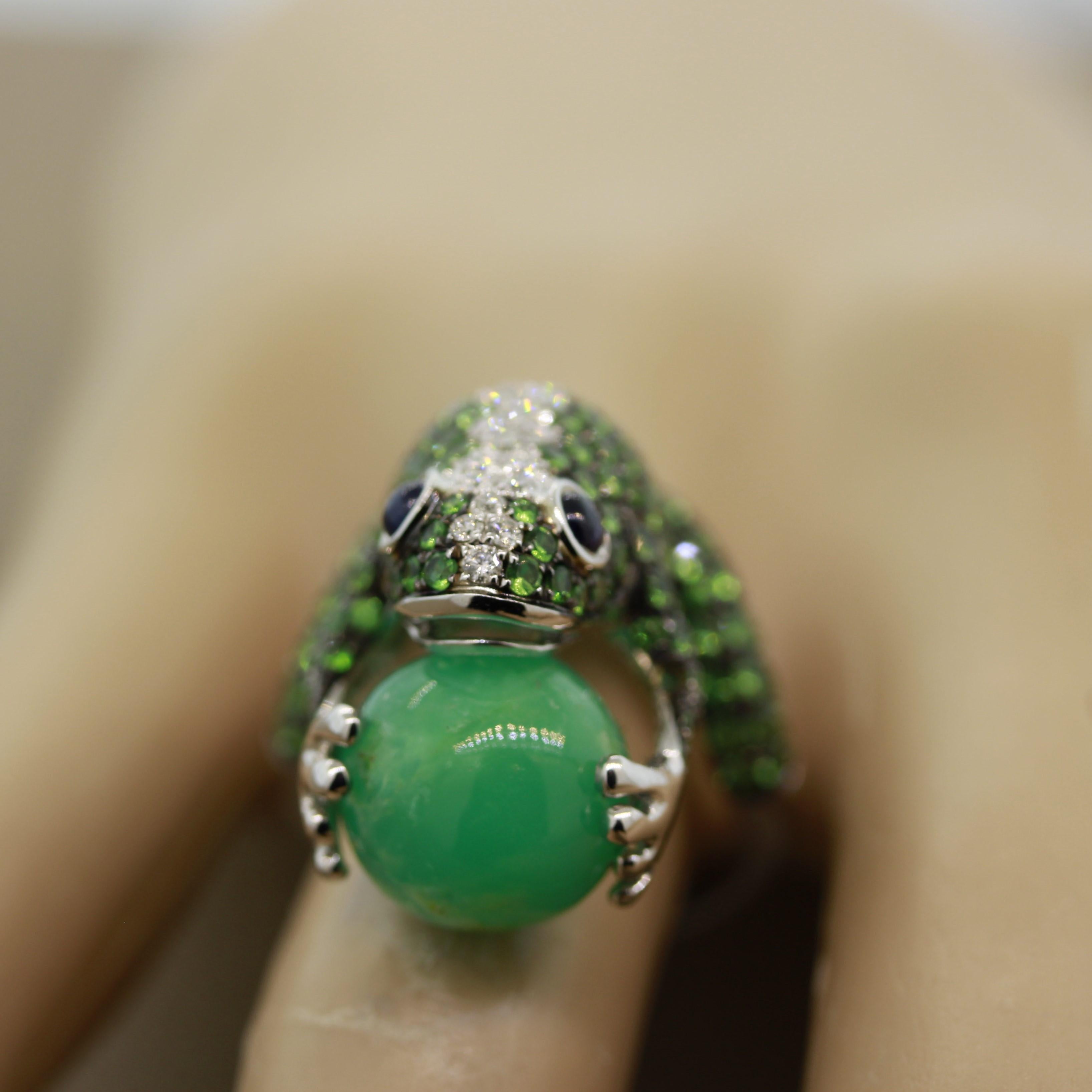 Women's or Men's Tsavorite Diamond Sapphire Jade Gold Frog Ring For Sale