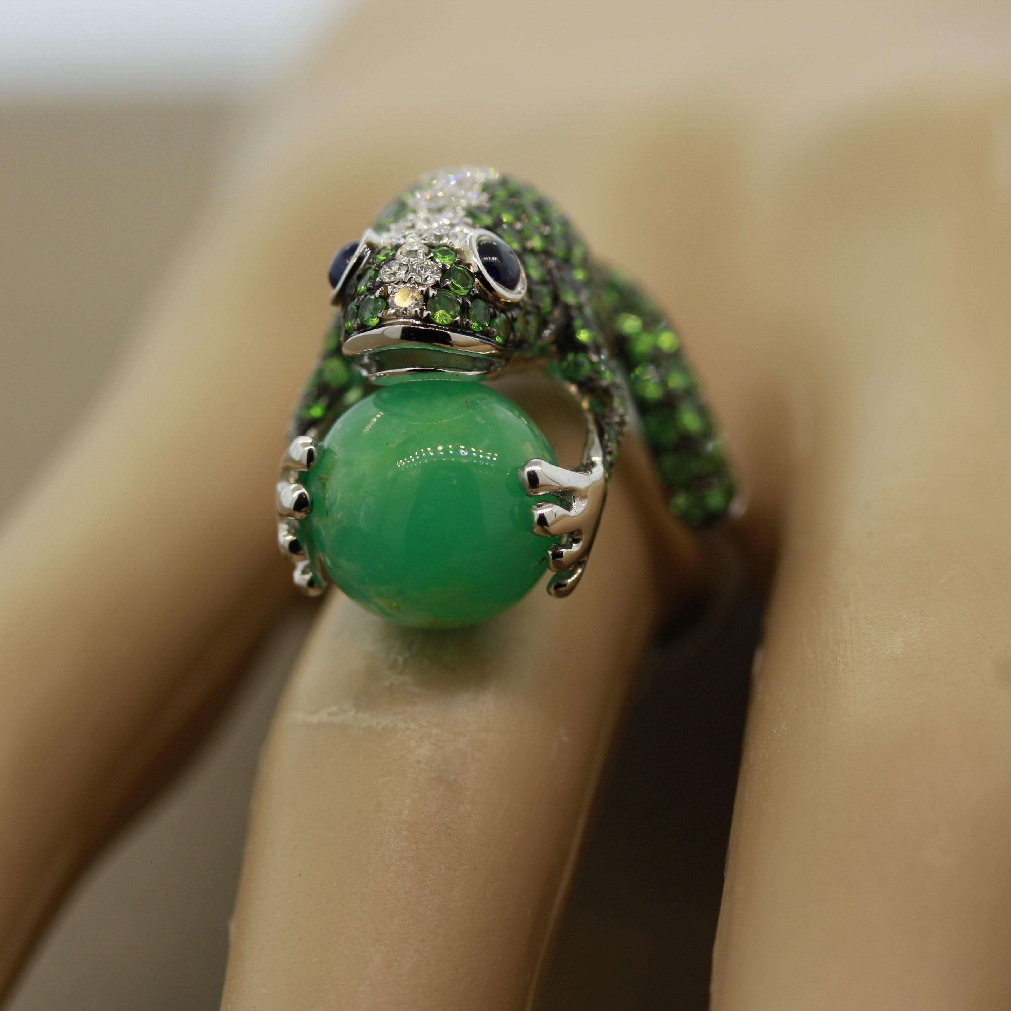 Tsavorite Diamond Sapphire Jade Gold Frog Ring For Sale 1
