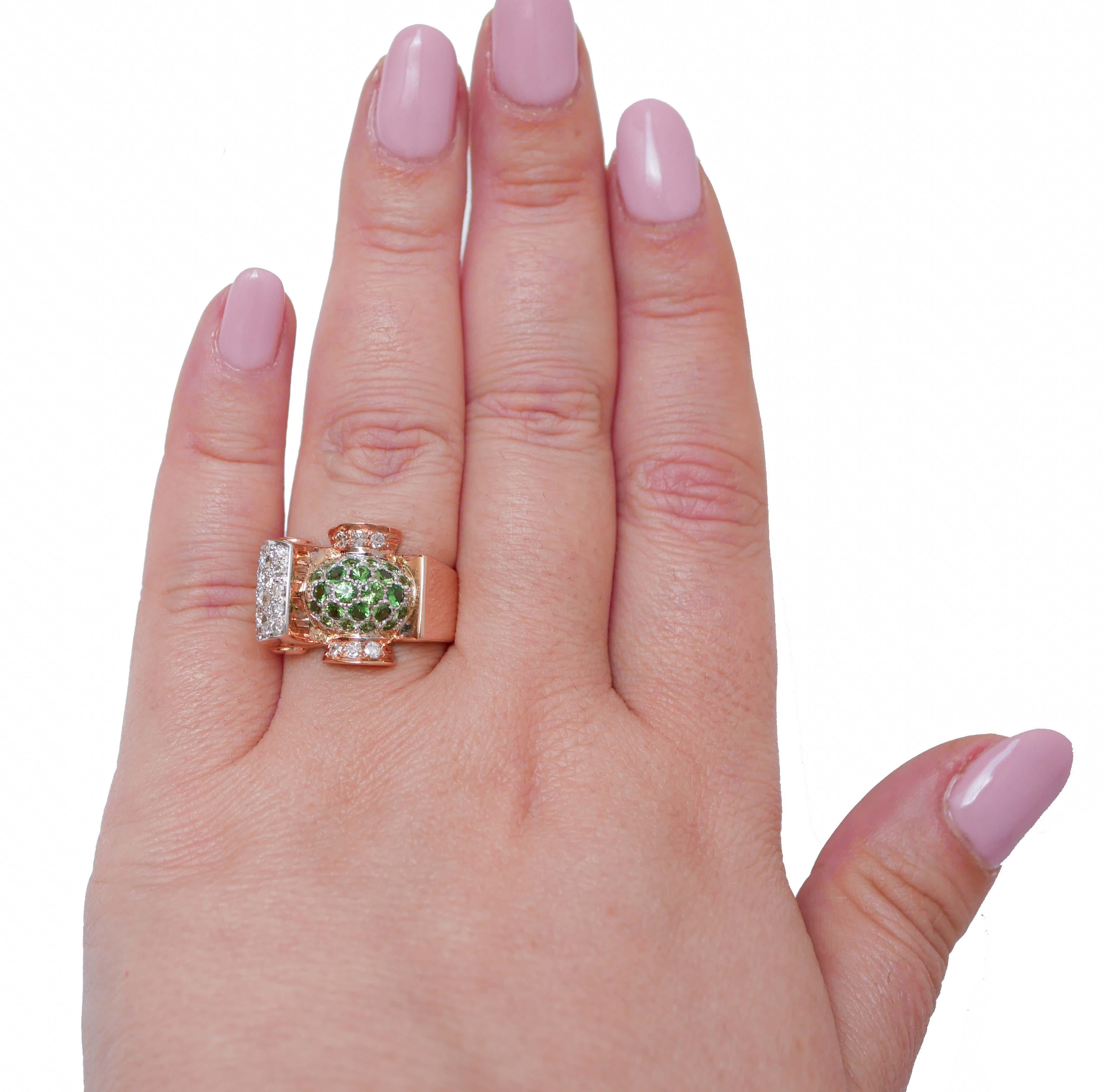 Mixed Cut Tsavorite, Diamonds, 18 Karat Rose Gold Ring. For Sale