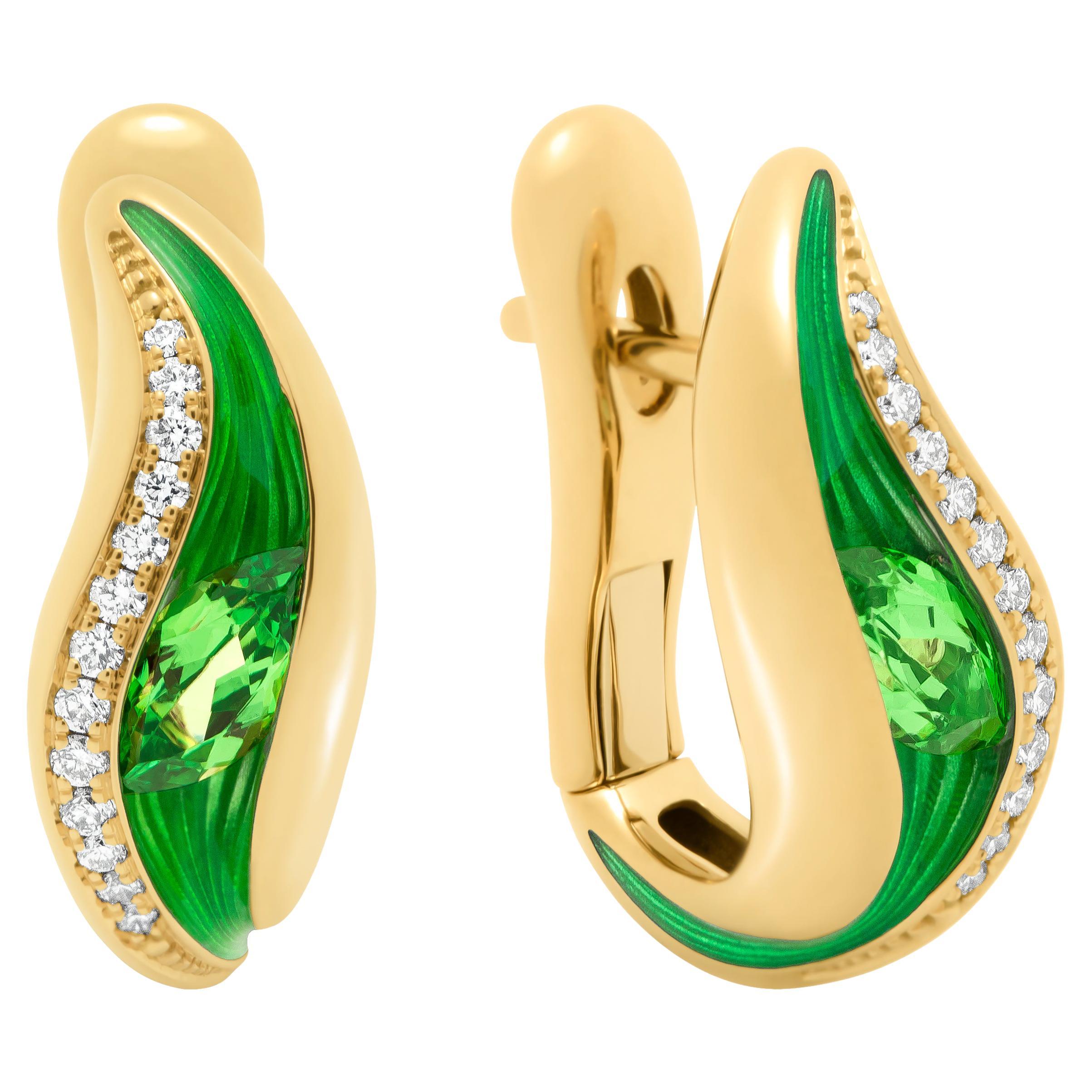 Tsavorite Diamonds Enamel 18 Karat Yellow Gold Melted Colors Earrings