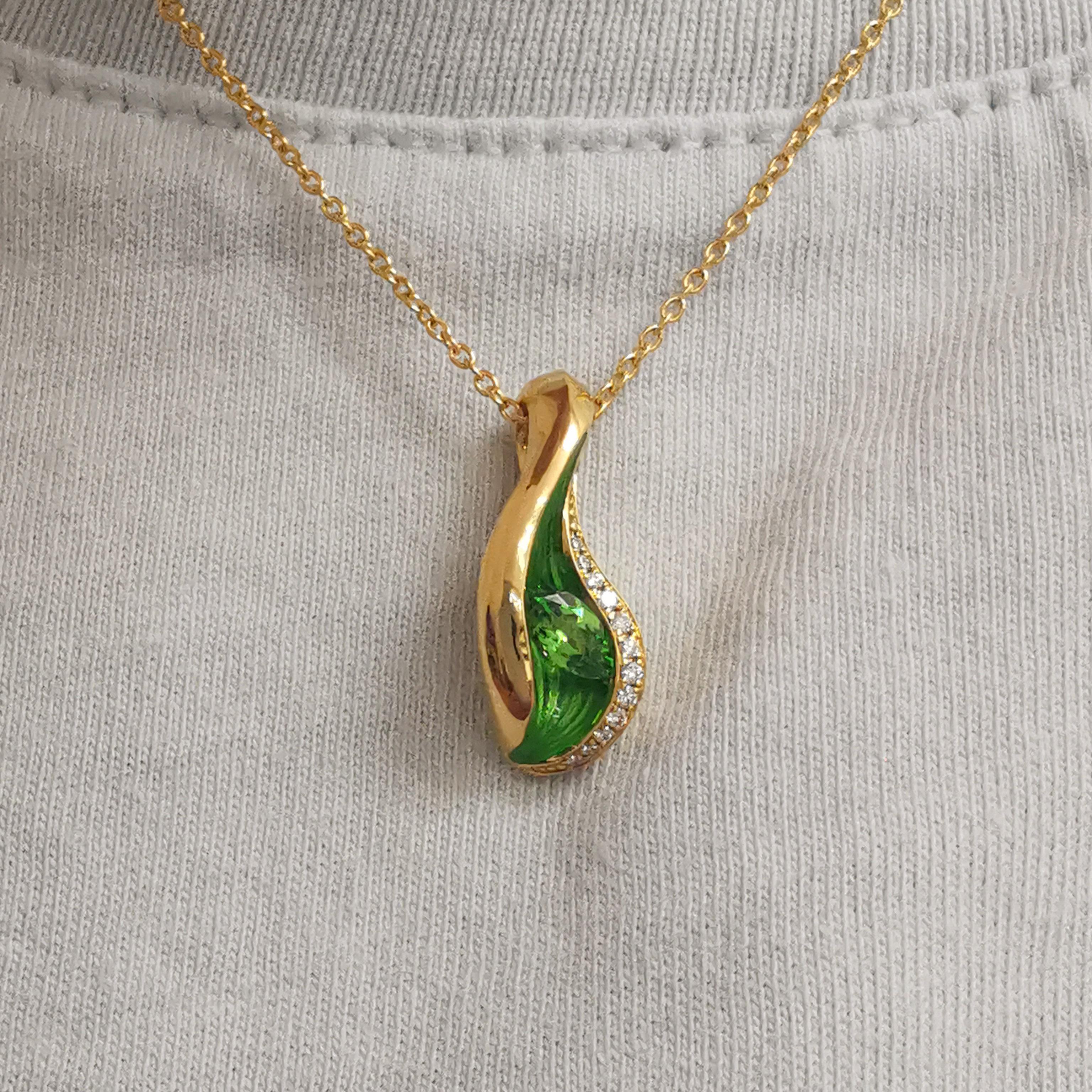 Tsavorite Diamonds Enamel 18 Karat Yellow Gold Melted Colors Pendant In New Condition For Sale In Bangkok, TH