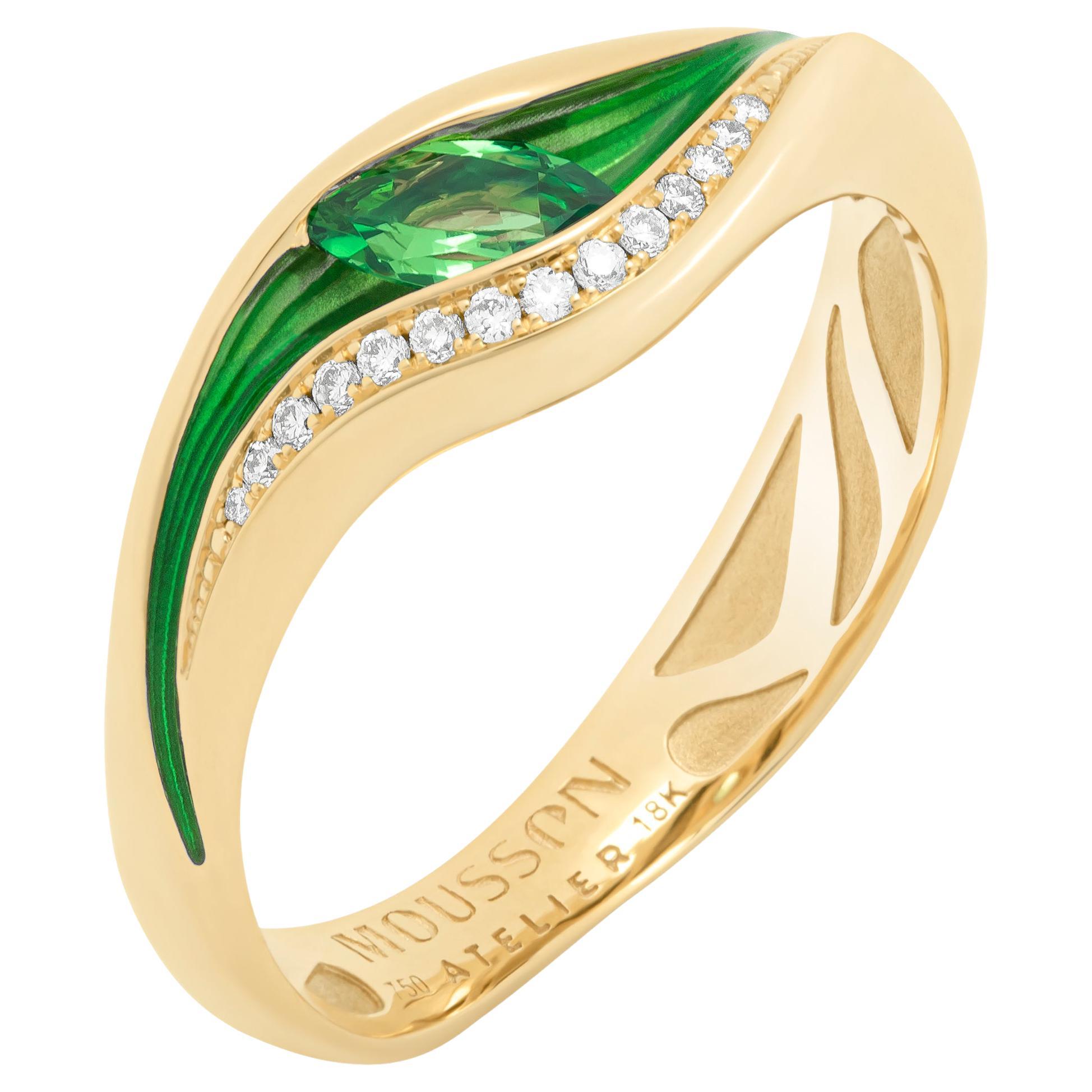 18 Karat Gelbgold Ring mit Tsavorit, Diamanten und Emaille in ge Melted Colors