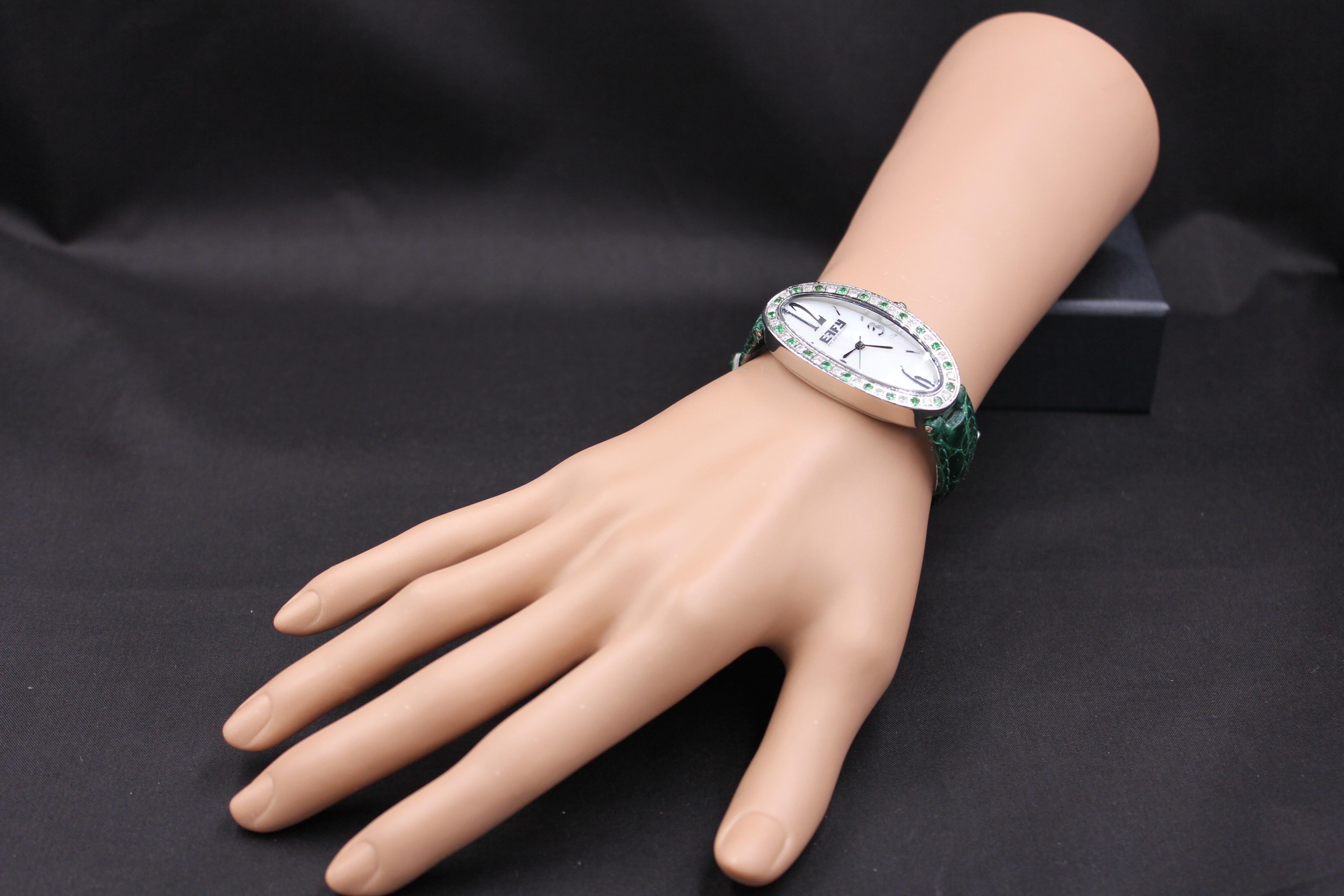 Mixed Cut Tsavorite & Diamonds Pave Dial Luxury Swiss Quartz Exotic Leather Band Watch For Sale