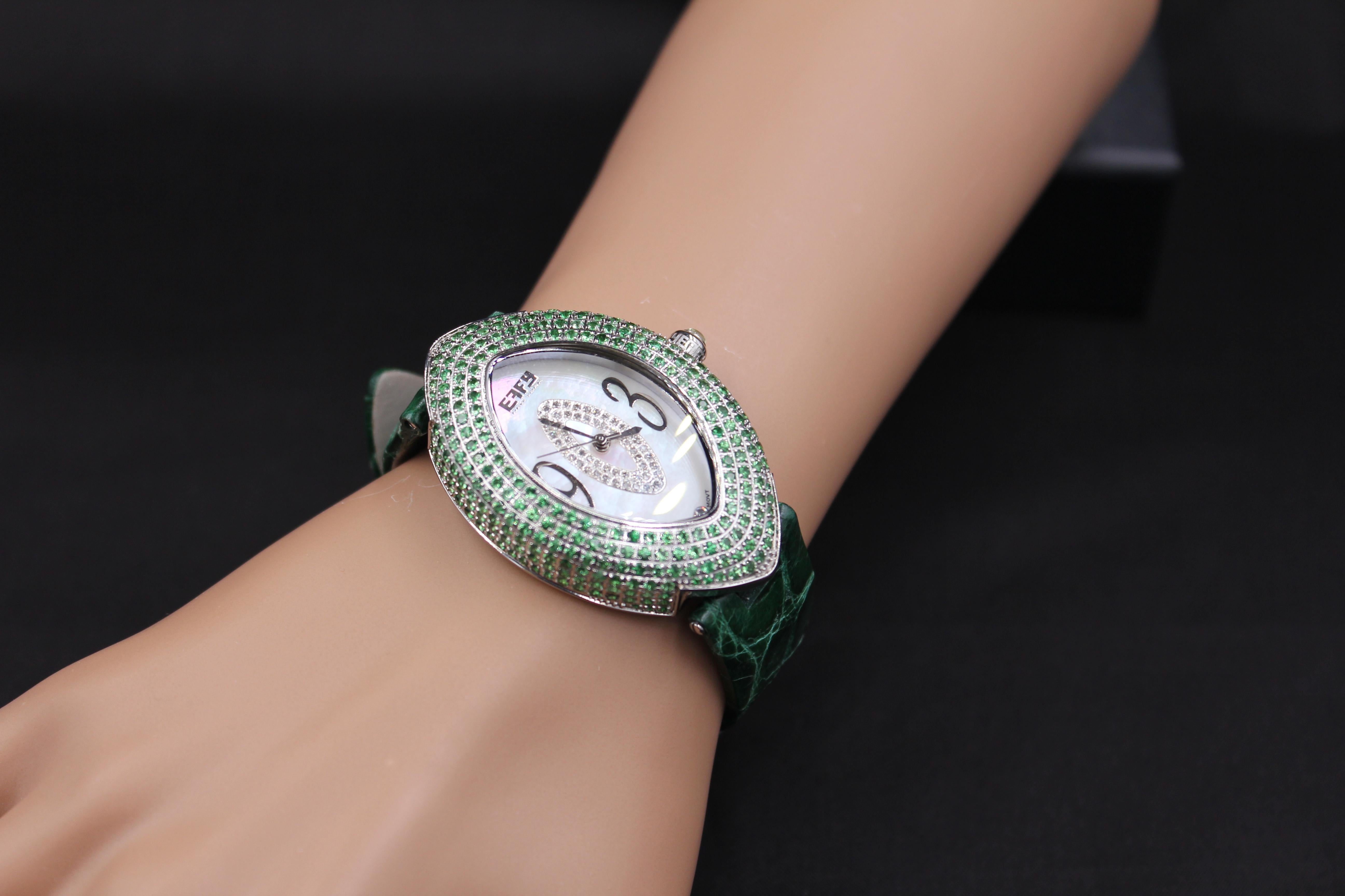 ·         Quality Swiss-Quartz movement guarantees precision timing
·         Mother-of-Pearl dial micro-paved with diamonds and gemstones enhances any dress style
·         Scratch-resistant sapphire glass lens
·         Genuine exotic crocodile