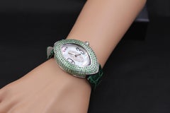 Tsavorite & Diamonds Pave Dial Luxury Swiss Quartz Exotic Leather Band Watch