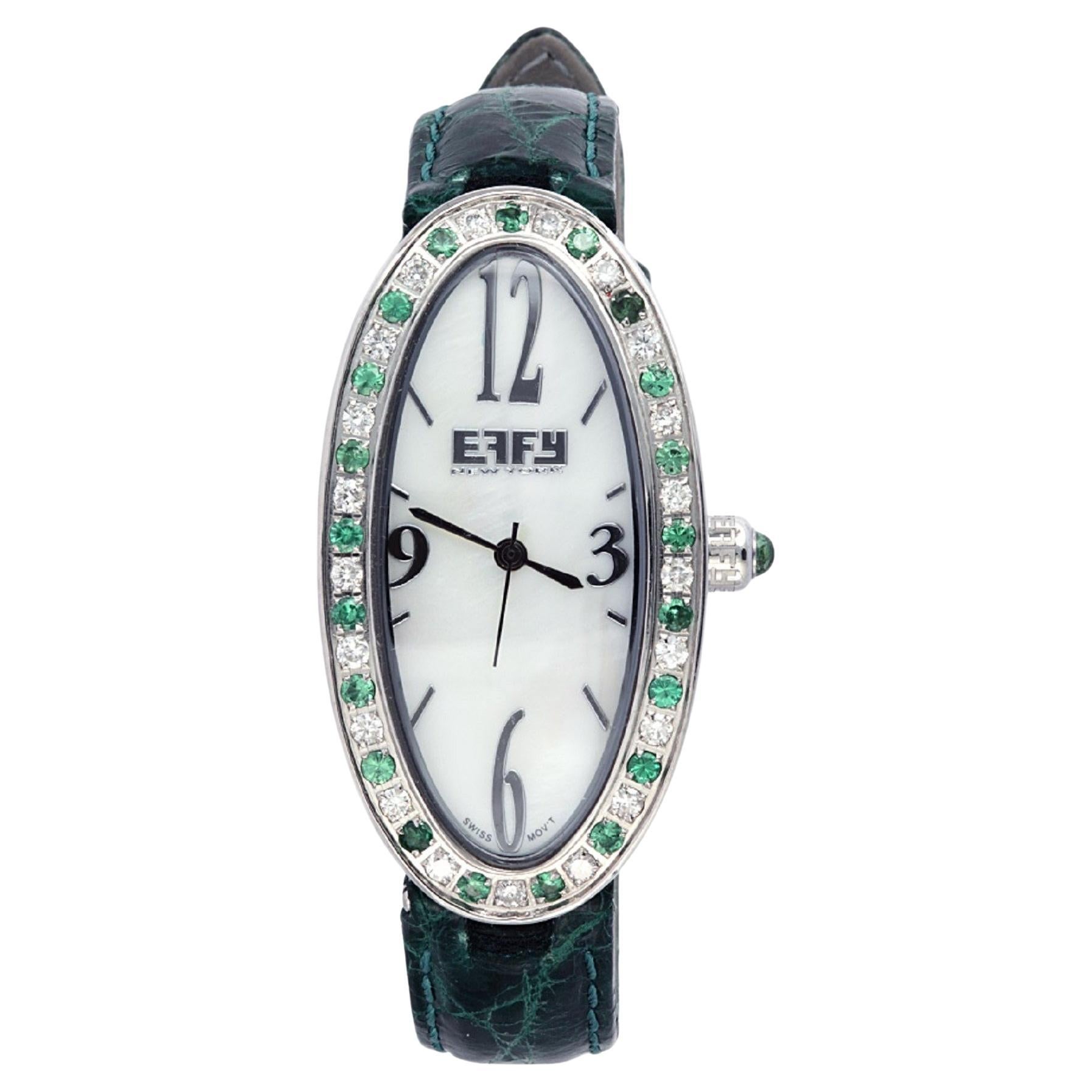 Tsavorite & Diamonds Pave Dial Luxury Swiss Quartz Exotic Leather Band Watch For Sale