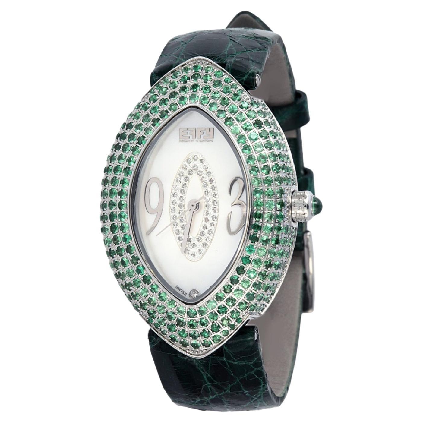 Tsavorite & Diamonds Pave Dial Luxury Swiss Quartz Exotic Leather Band Watch For Sale