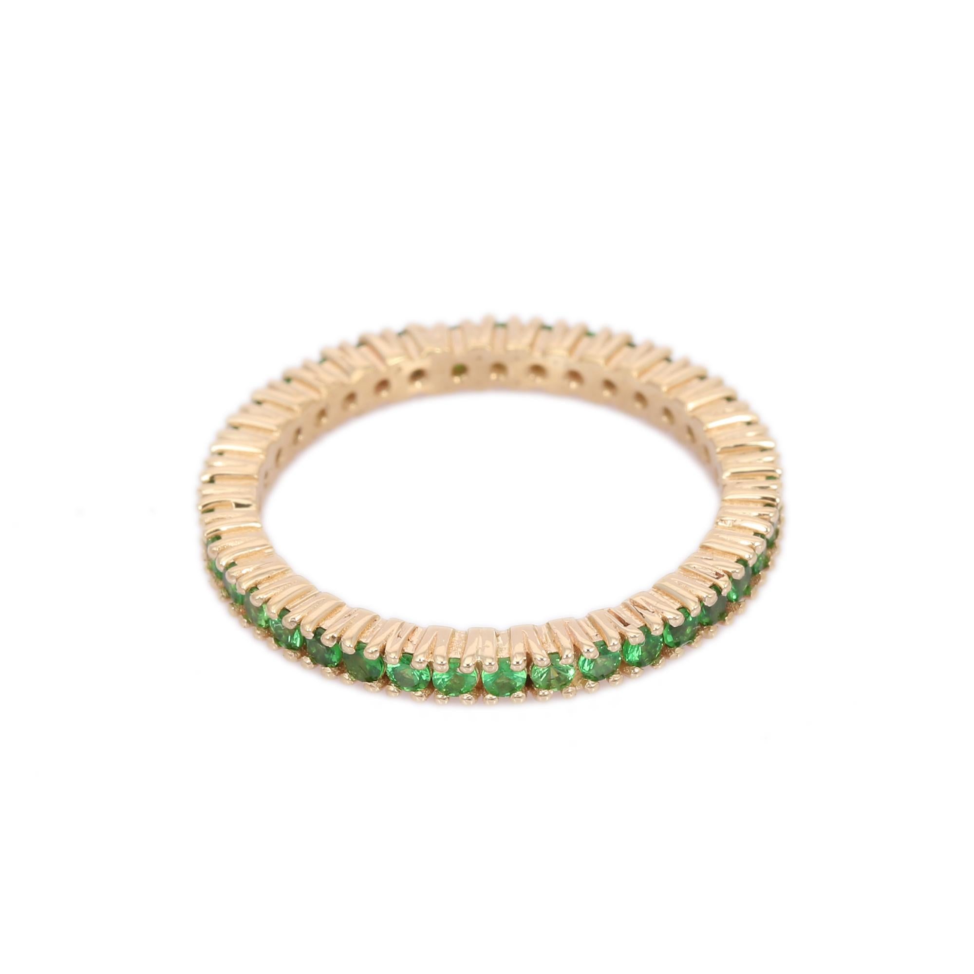 For Sale:  Tsavorite Eternity Band Ring in 14K Solid Yellow Gold, Stackable Band Ring 3