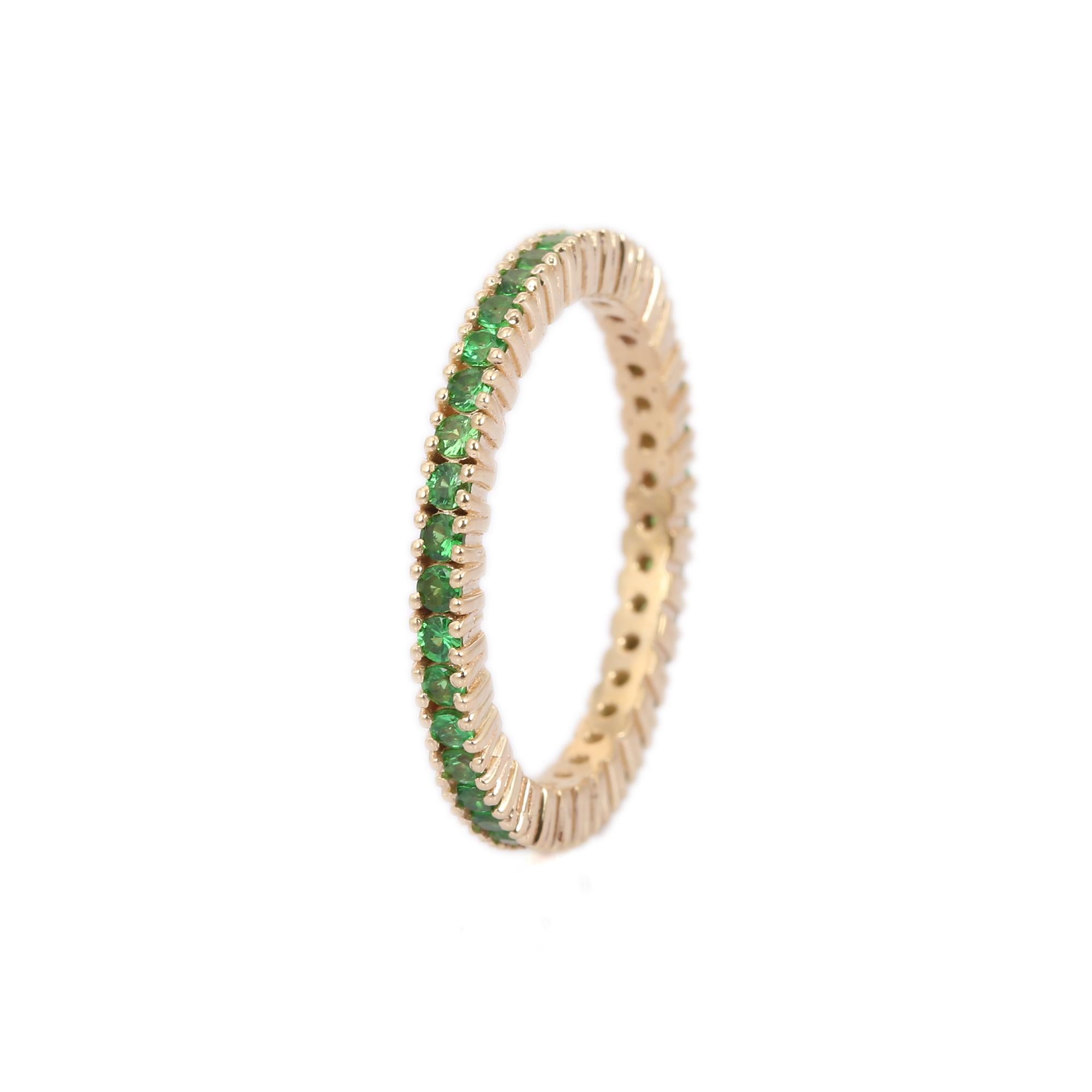 For Sale:  Tsavorite Eternity Band Ring in 14K Solid Yellow Gold, Stackable Band Ring 5