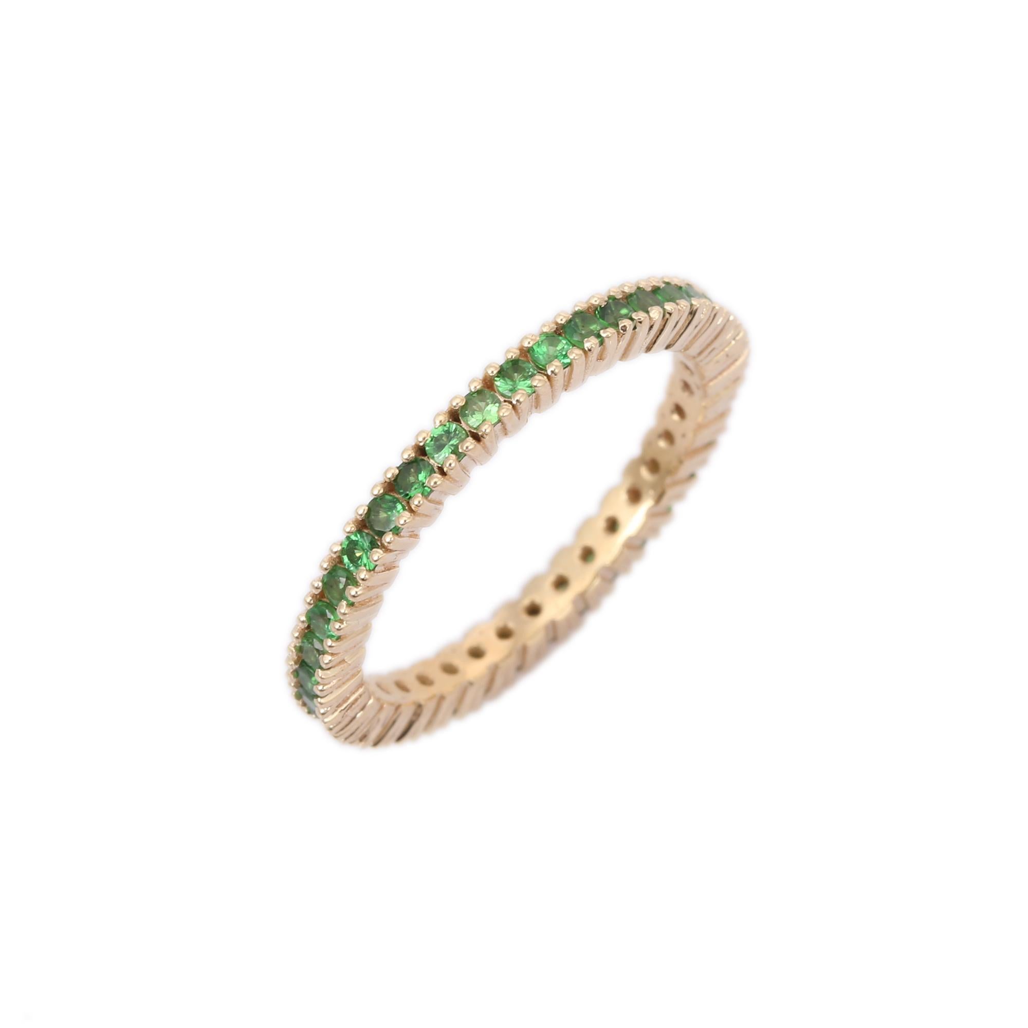 For Sale:  Tsavorite Eternity Band Ring in 14K Solid Yellow Gold, Stackable Band Ring 7