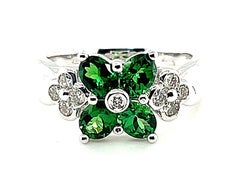 Tsavorite Garnet 4-Leaf Clover Ring with Diamonds 18k White Gold