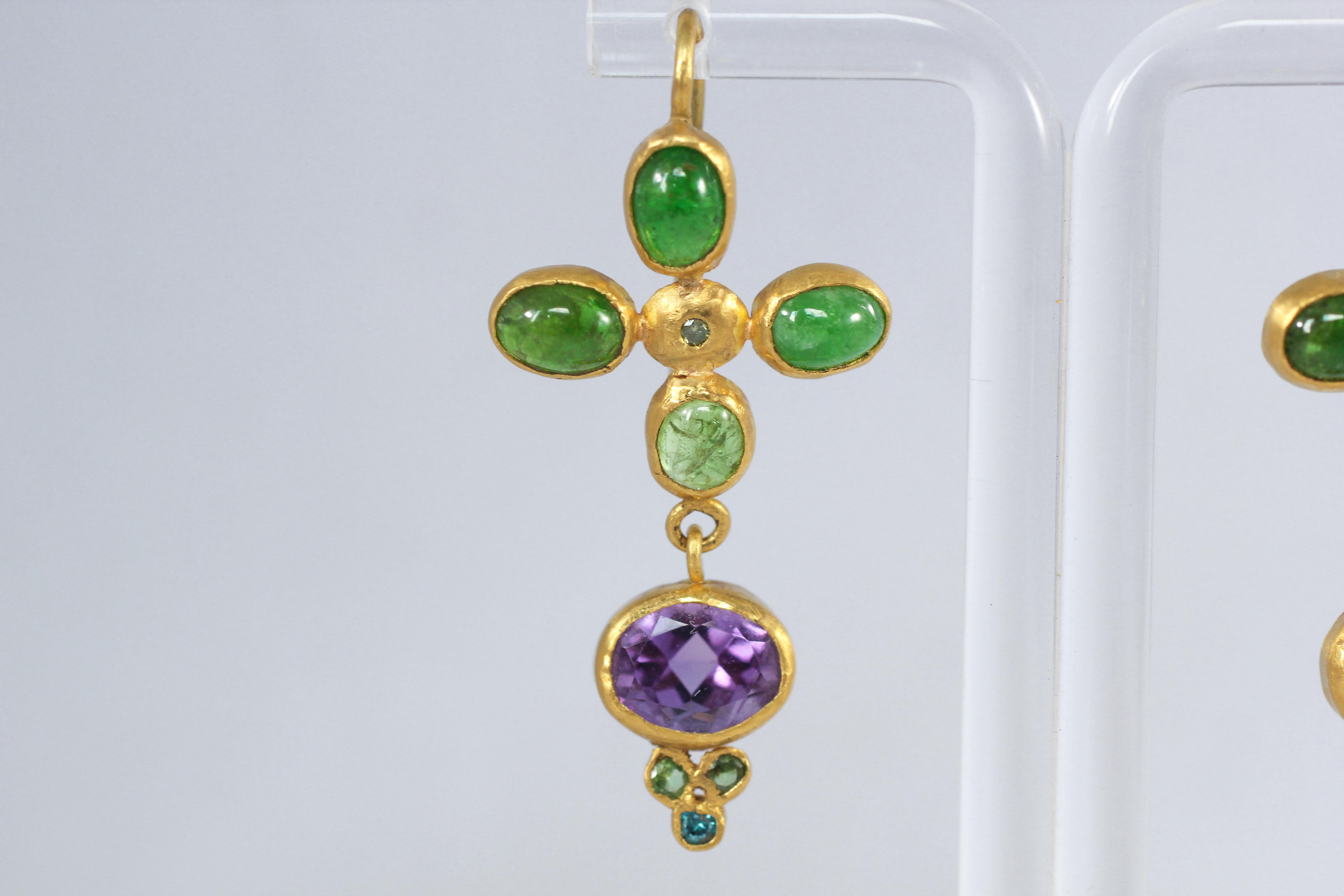 Hydrangea Earrings. Beautiful one-of-a-kind handmade 21K gold dangle drop earrings with bezel-set green garnets, amethysts, and blue diamonds. These earrings are an abstract interpretation of the flowering hydrangea. Feminine and elegant, these will