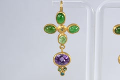 Tsavorite Garnet Amethyst and Blue Diamonds 22k -21k Gold Dangle Drop Earrings