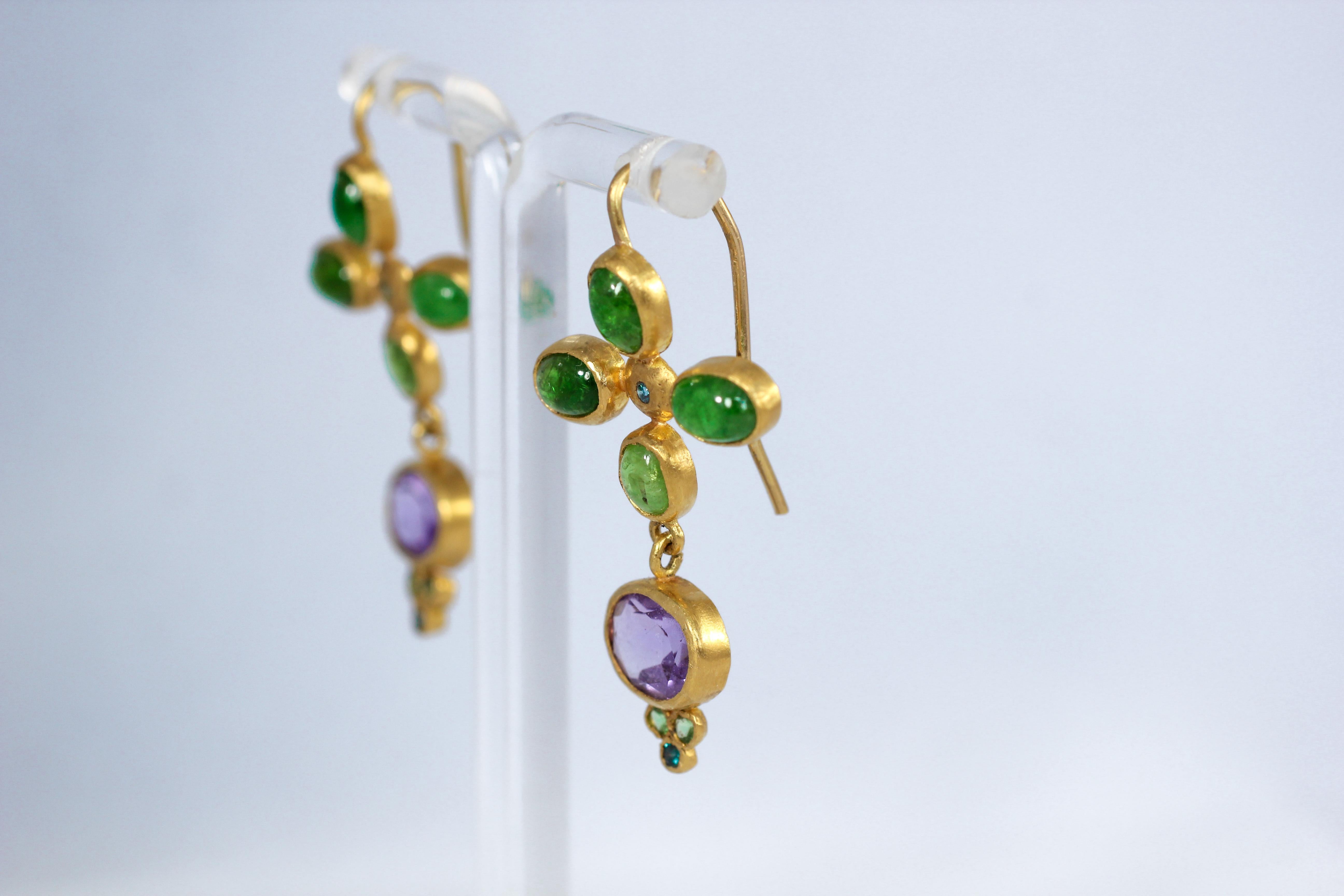 Women's Tsavorite Garnet Amethyst and Blue Diamonds 22k -21k Gold Dangle Drop Earrings