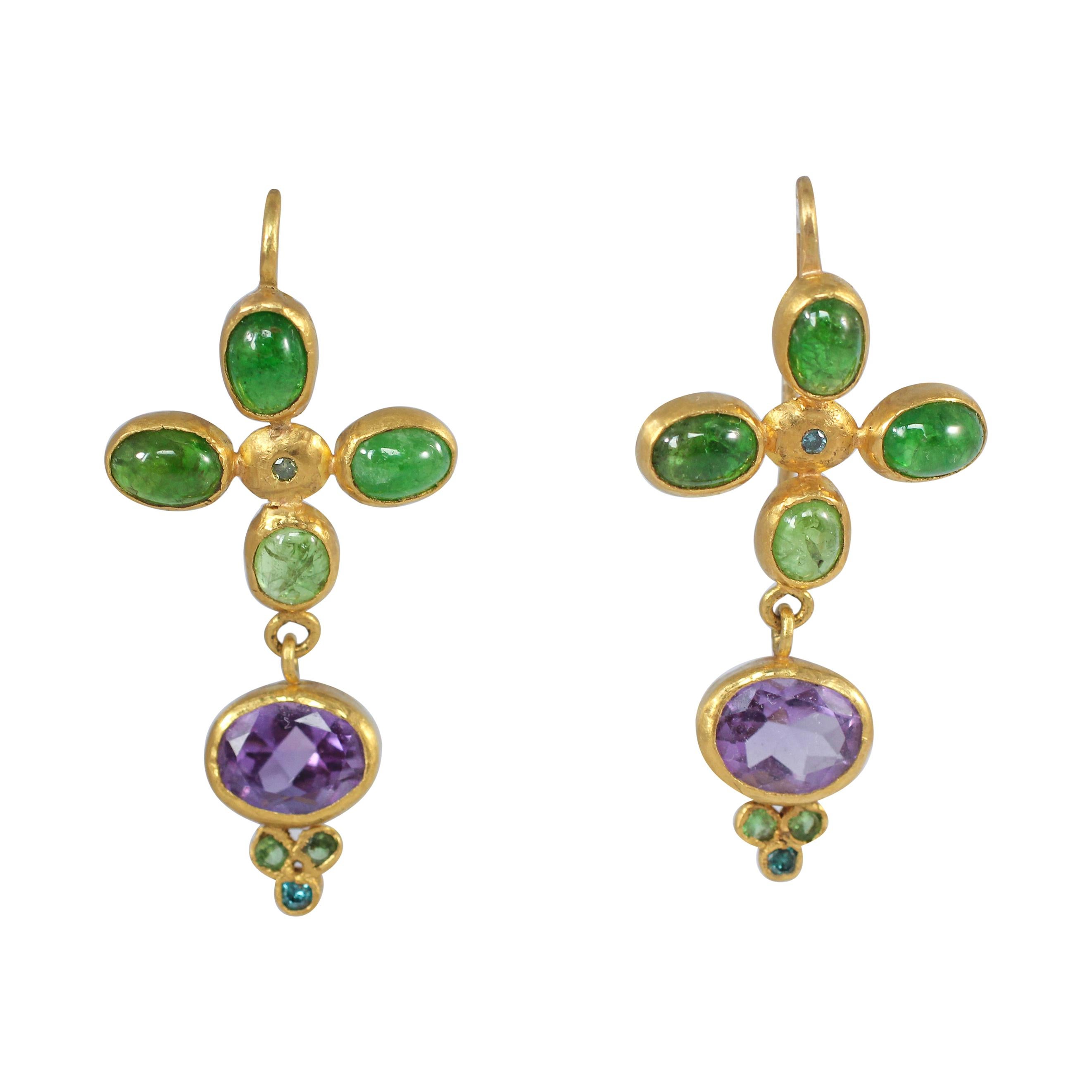 Tsavorite Garnet Amethyst and Blue Diamonds 22k -21k Gold Dangle Drop Earrings